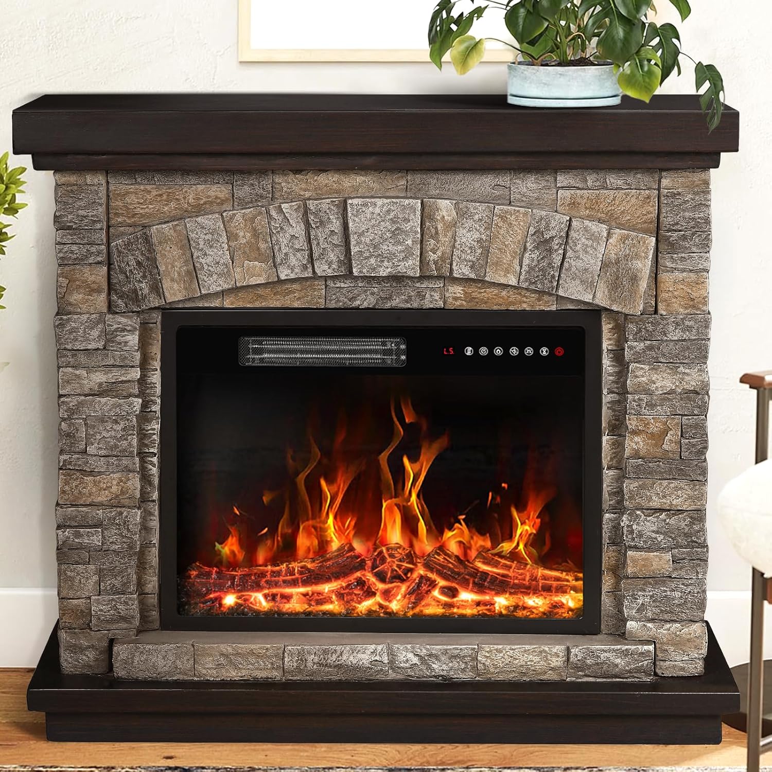PUKAMI Electric Fireplace with Mantel, Freestanding Stone Fireplace Heater TV Stand with Remote Control, Realistic Flame Effect and 3D Log, 750W/1500W (40 inch)