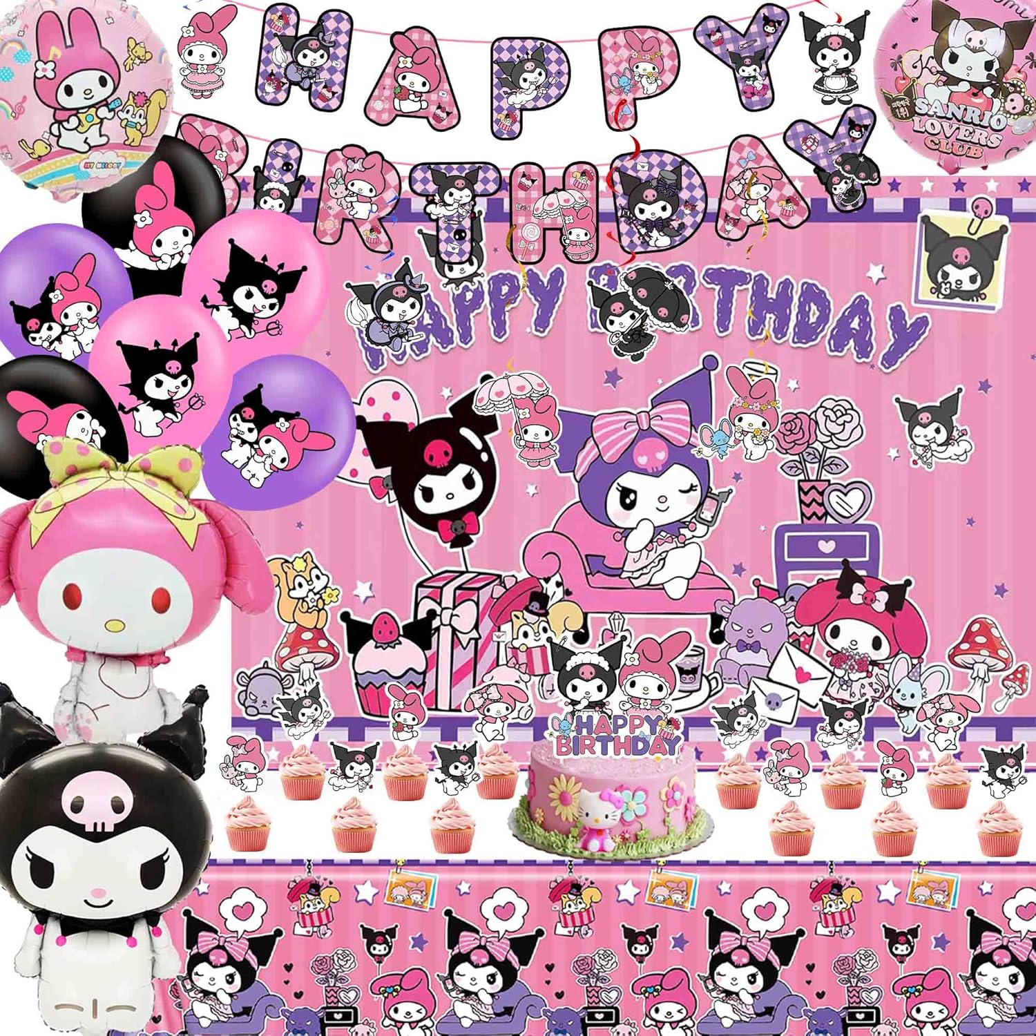 Kawaii Birthday Decorations, Cute Party Favors, Party Supplies Set Include Banner, Foil Balloons, Tablecloth, Backdrop, Cake Toppers, Hanging Swirl for Girls