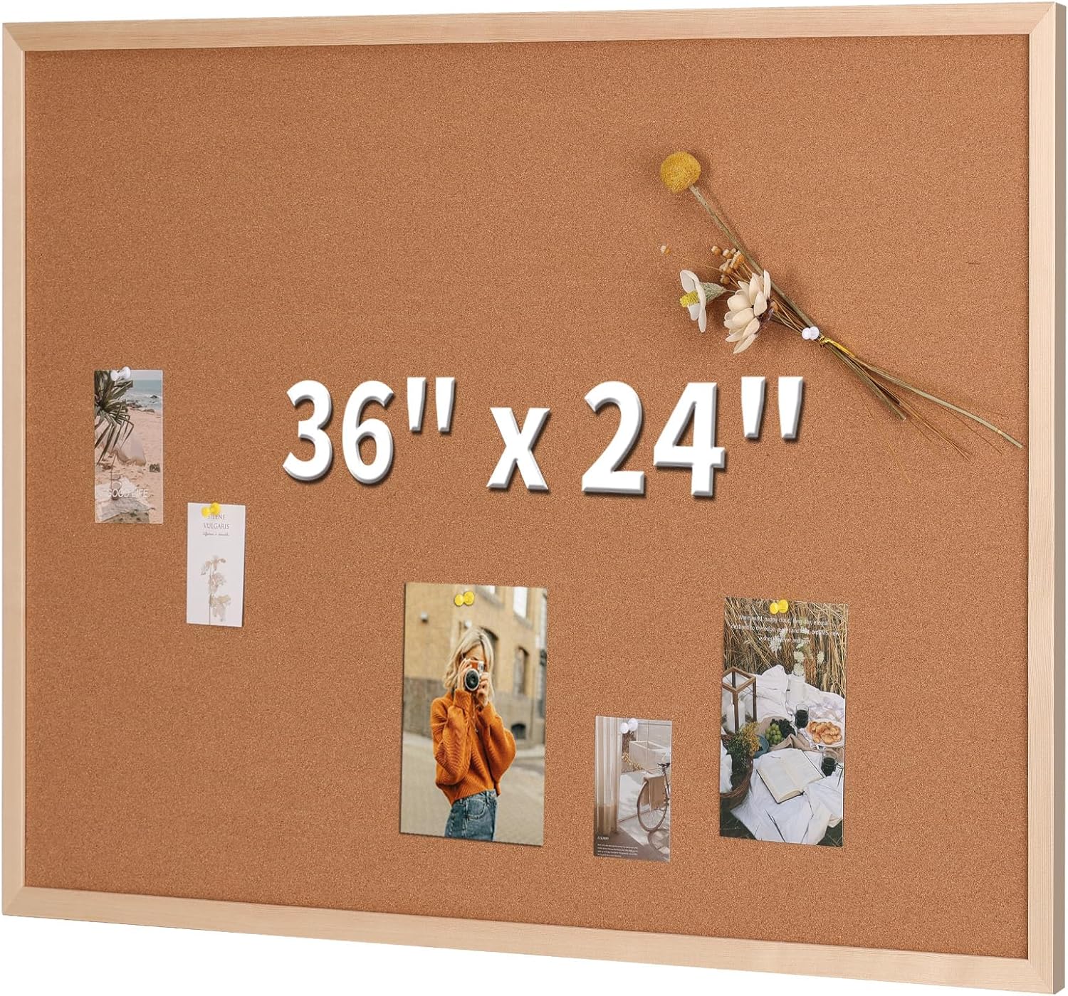 Cork Bulletin Board, 36'' X 24'', Wood Framed Corkboard, Cork Board for Home, School and Office, Decorative Push Pin Board with 20 Push pins