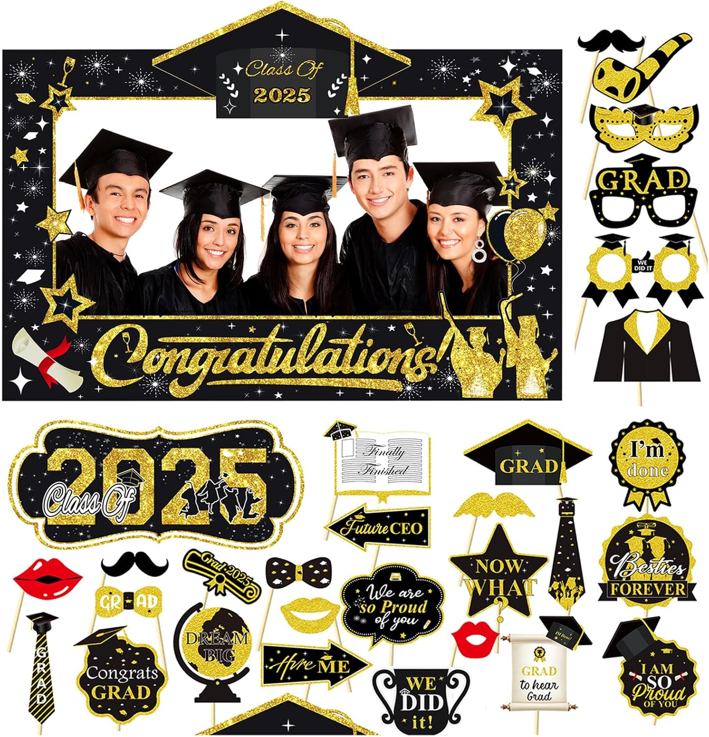 30Pcs Graduation Photo Booth Props, Glittery Large Graduation Decoration Photo Props Class of 2025, Grad Celebrations Party Fancy Dress Prom Supplies