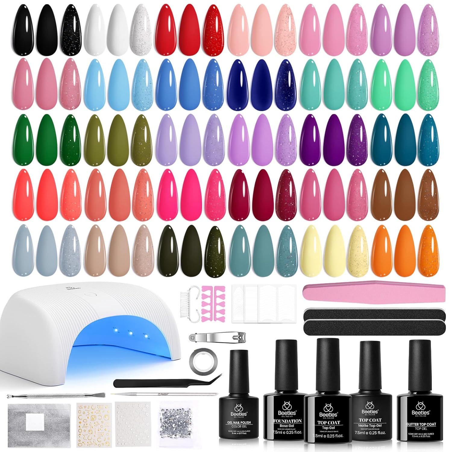 Beetles Gel Nail Polish Kit with U V Light, Beetles Four Seasons Glow 32 Colors Gel Polish 54 Pcs Nail Kit with Base and Matte&Glossy Top Coat Soak Off DIY Art Manicure Gifts for Women Teens Girls