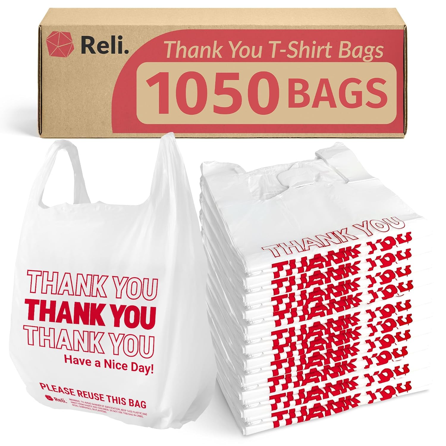 Reli. Plastic Bags Thank You (1050 Count) | White Grocery Bags, Plastic Shopping Bags with Handles