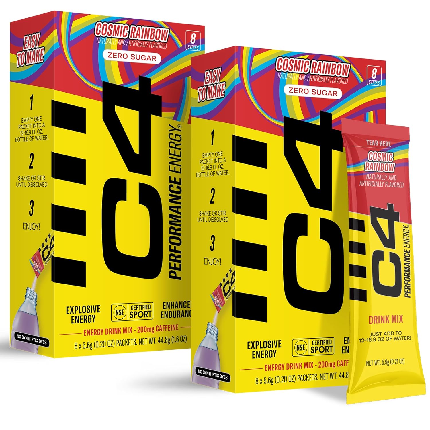 C4 Performance Energy, Cosmic Rainbow, 200mg Caffeine, Zero Sugar, NSF (2 Boxes, 16 Sticks)