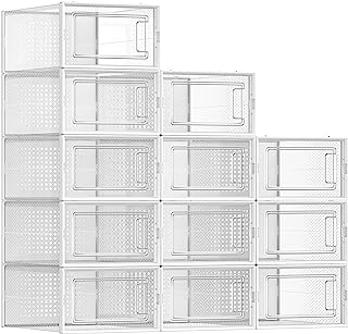 SONGMICS Shoe Boxes, Pack of 12 Shoe Storage Organizers, Stackable Clear Plastic Boxes for Closet, Sneakers, 9.1 x 13.1 x 5.6 Inches, Fit up to US Size 11, Transparent and White ULSP12SWT