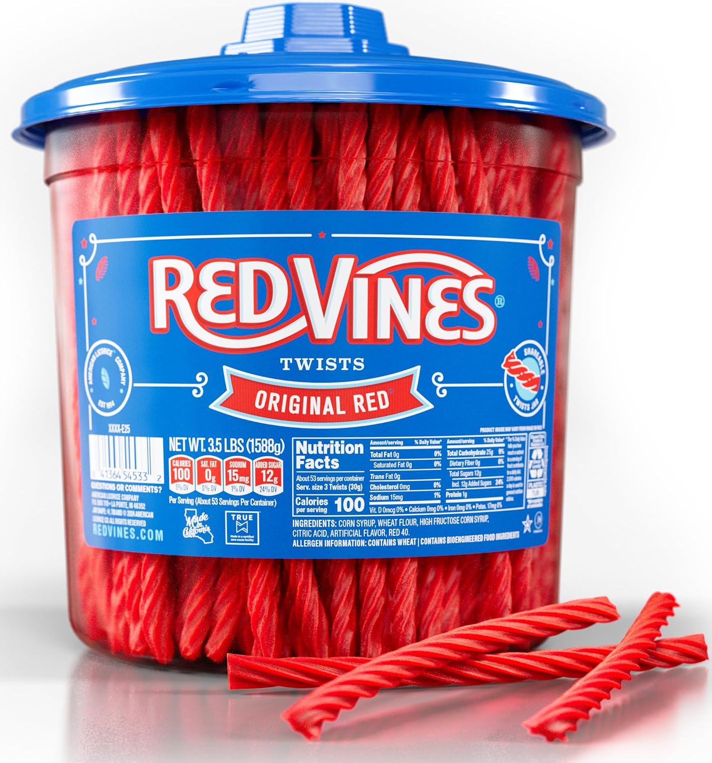 Red Vines Licorice Candy Original Red Flavor Soft Chewy Candy Twists, Red Licorice 3.5 Lb Jar