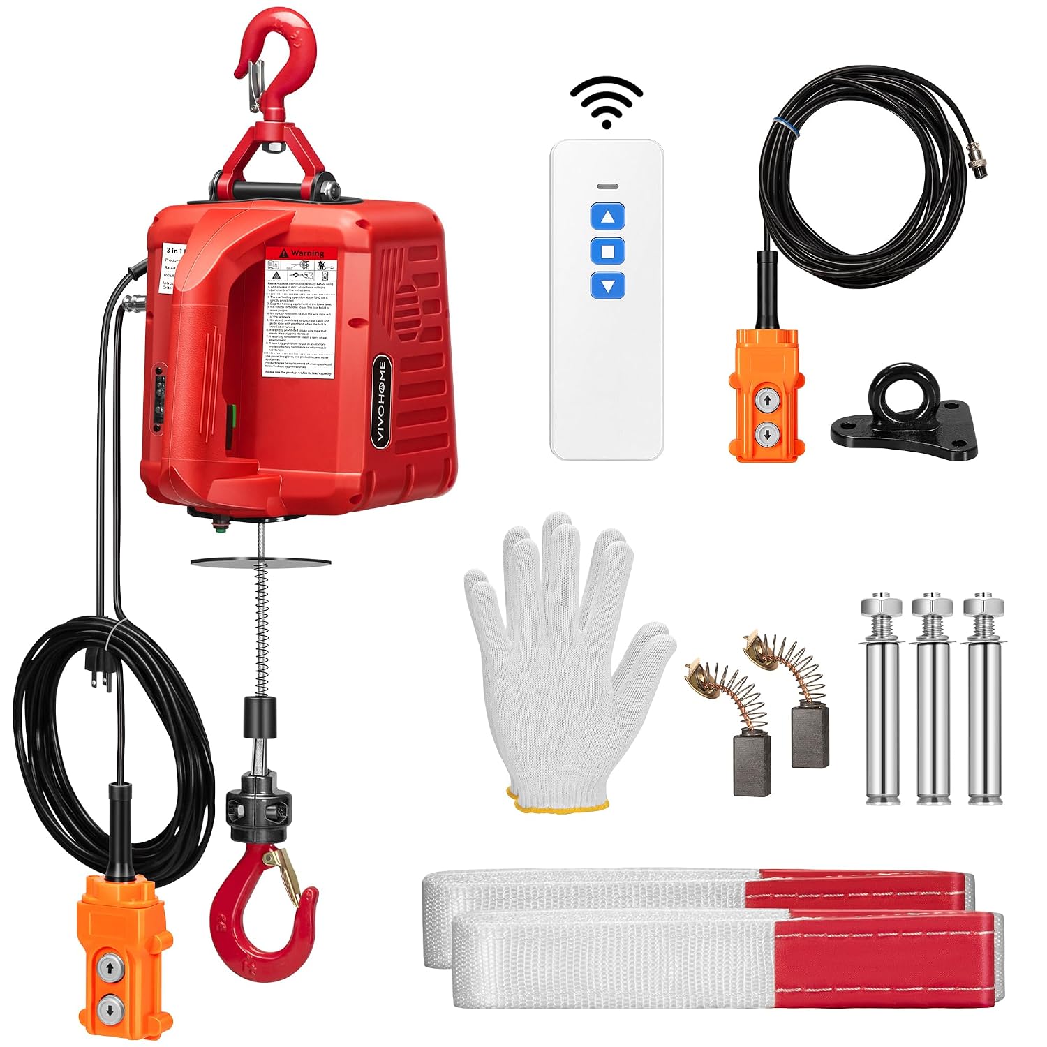 VIVOHOME 3-in-1 Electric Hoist Winch 1540lbs, 40ft Lifting Height for Towing | 110V Portable Power Winch Crane with Wire and Wireless Remote Control, Overload Protection for Garage, Factory, Warehouse