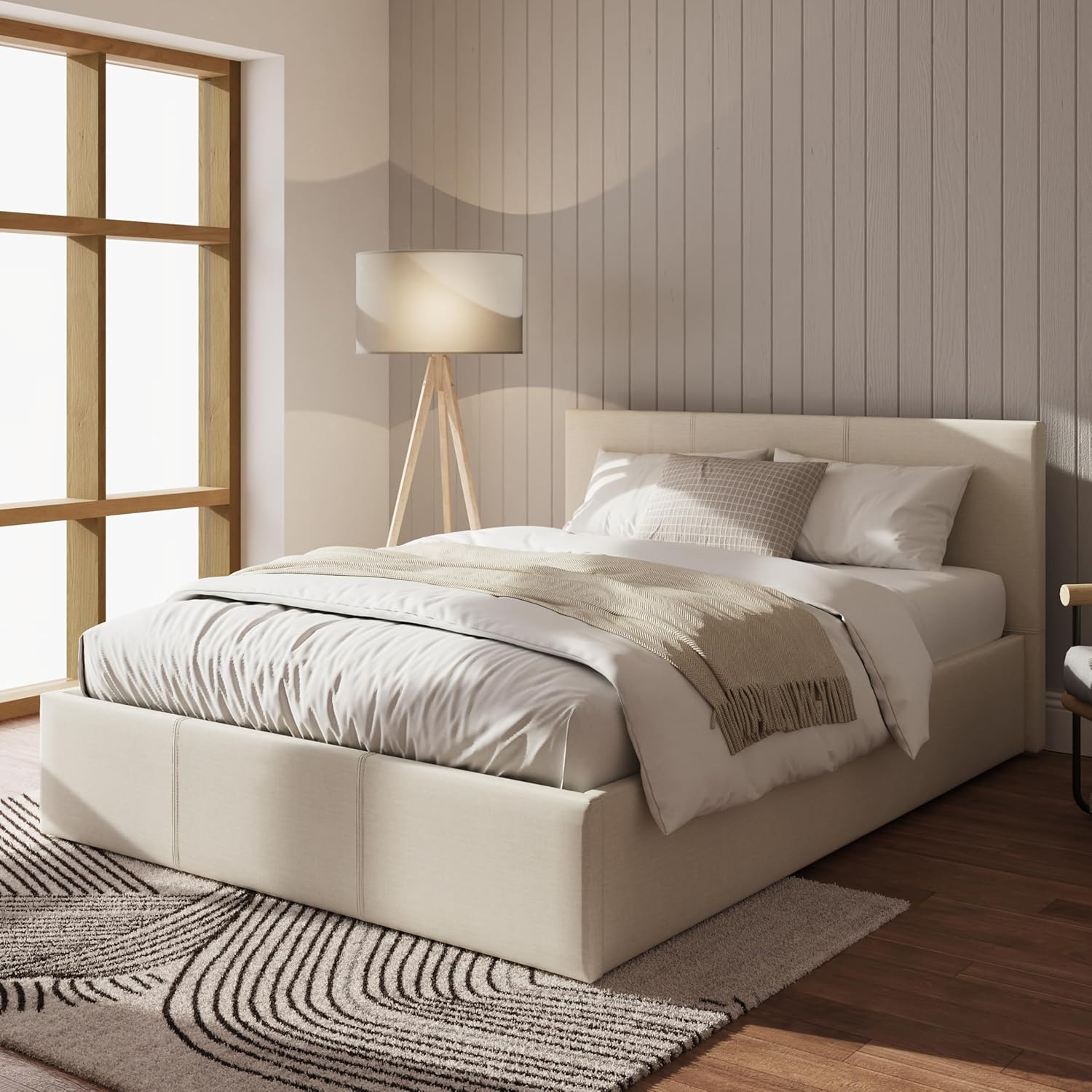 GFW Fabric Upholstered Ottoman Storage Bed With Gas Side Lift & Under Bed Storage, Natural, Small Double
