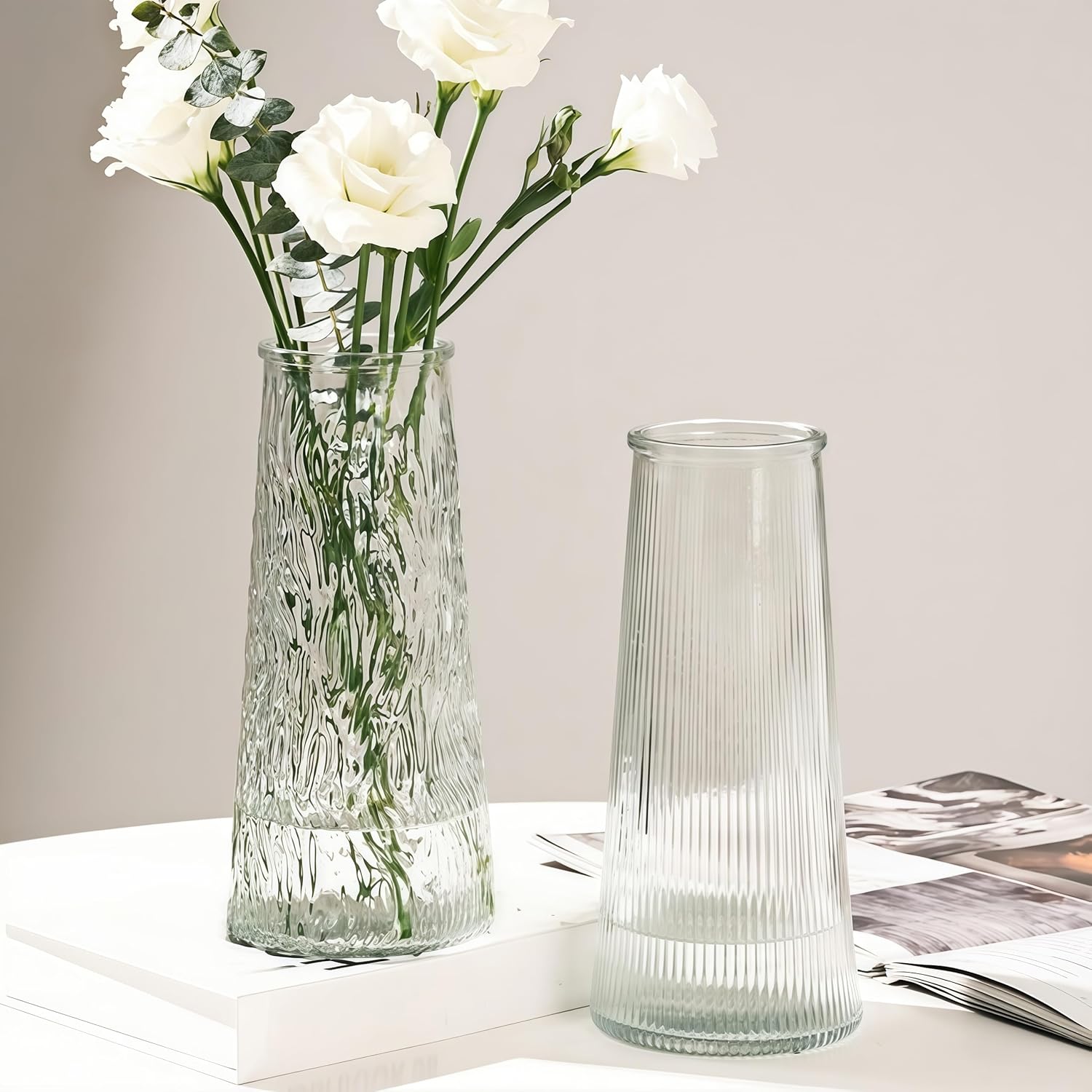 Vases, Set of 2 Glass Flower Vase for Minimalist Modern Home Decor, Decorative Flowers Vase for Wedding Dinner Table Office Bedroom ，7.9“x 2.6”