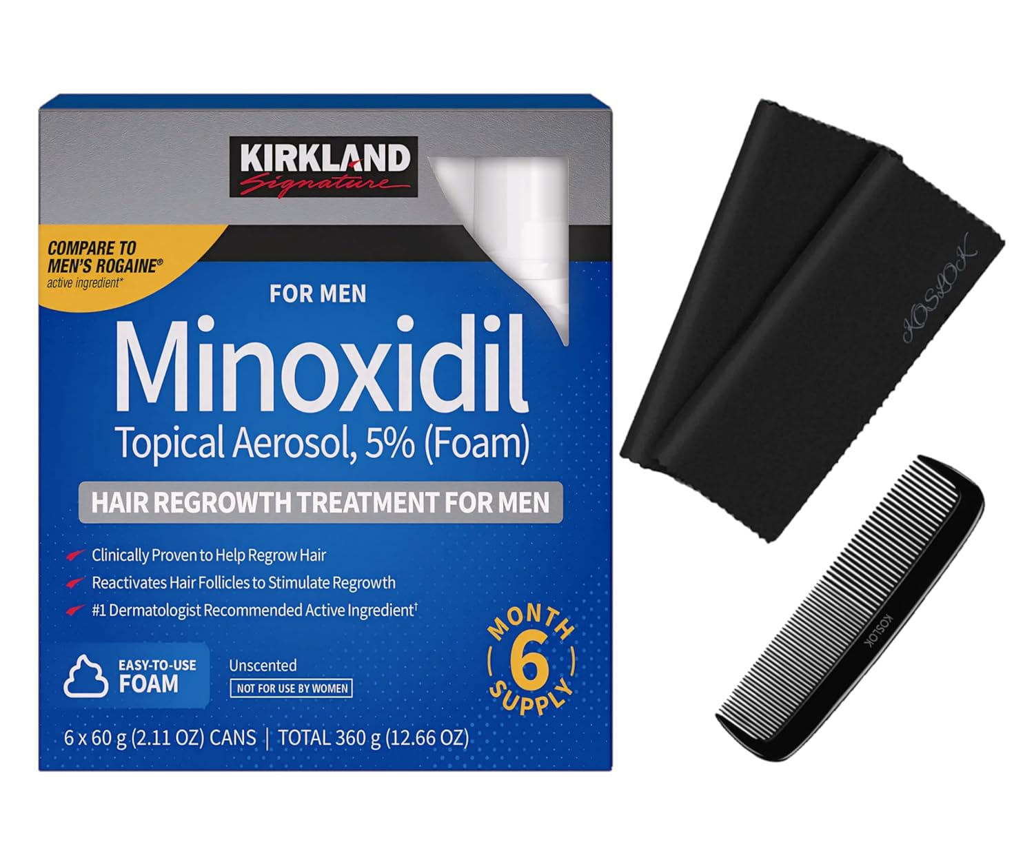 Hair Regrowth Treatment Minoxidil Foam for Men, 2.11 oz, 6 Count (6 Month Supply) - Exclusive 2 MicroFiber Cleaning Cloths and Comb Included, Clear