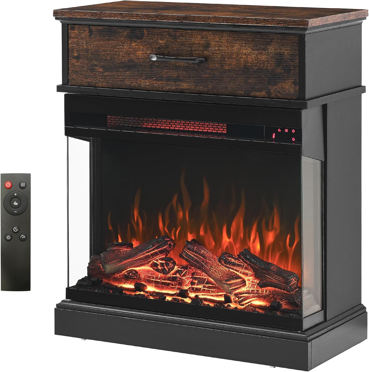 3 Sided Electric Fireplace with Mantel, 25 Inch Freestanding Electric Fireplace with Remote Control, 1500W Fireplace Heaters for Indoor Use with 4 Flame, 5 Brightness Levels, Overheat Protection