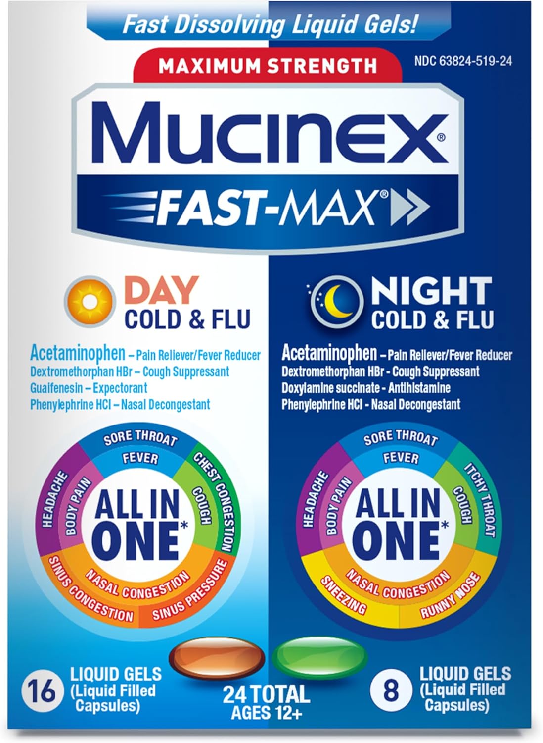 Mucinex Fast-Max Day Cold and Flu & Night Cold and Flu Medicine for Adults, Day/Night Combo Pack for Fever, Sore Throat Relief, Decongestant, Cough & Cold Medicines, 24 Fast-Dissolving Liquid Gels