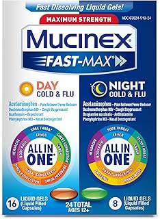 Mucinex Fast-Max Day Cold and Flu & Night Cold and Flu Medicine for Adults, Day/Night Combo Pack for Fever, Sore Throat Relief, Decongestant, Cough & Cold Medicines, 24 Fast-Dissolving Liquid Gels