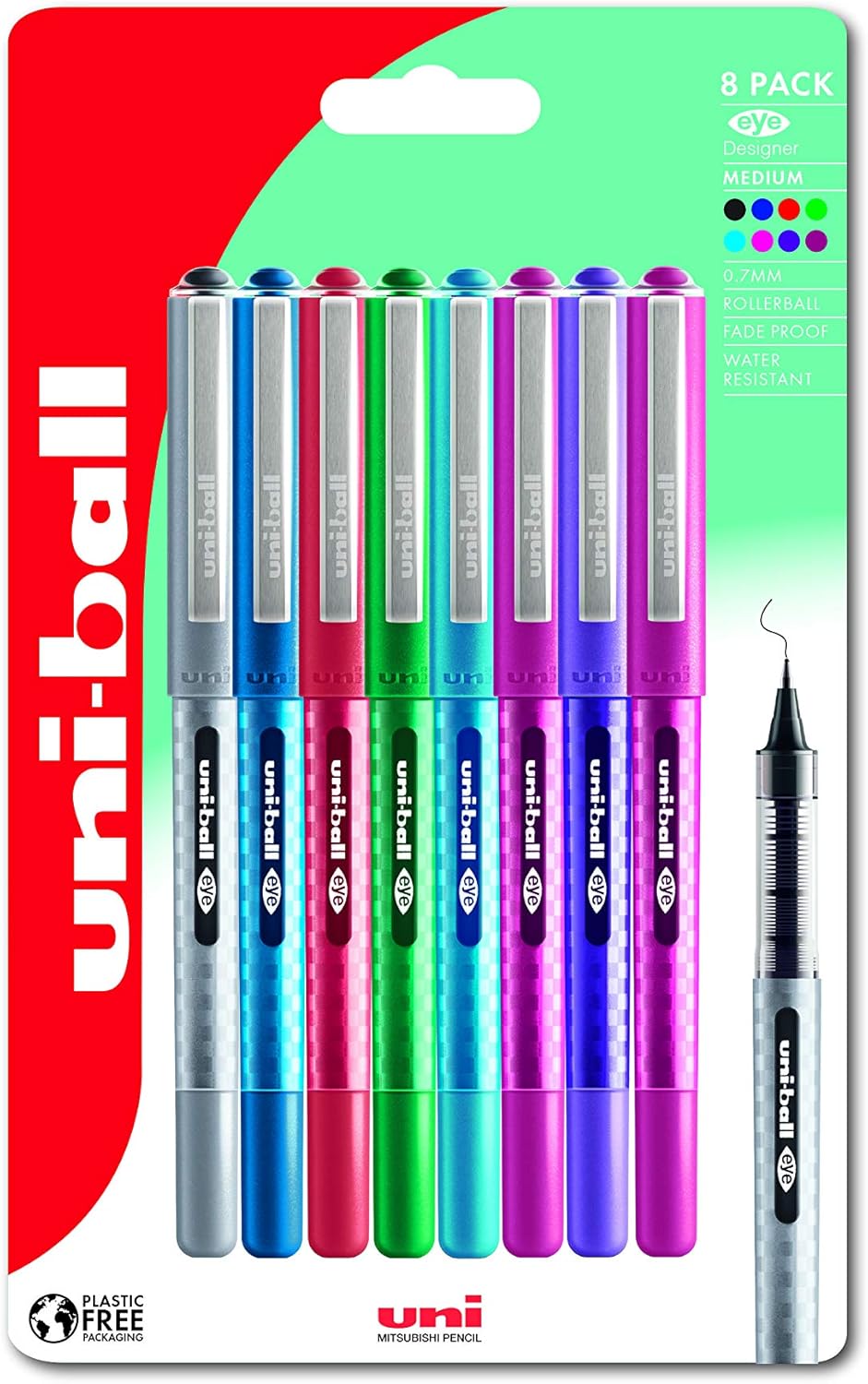 uni-ball UB-157D Eye Designer Rollerball Pens. Premium Medium 0.7mm Ballpoint Tip for Super Smooth Handwriting. Fade and Water Resistant Liquid Uni Super Ink. Pack of 8 Assorted Colours