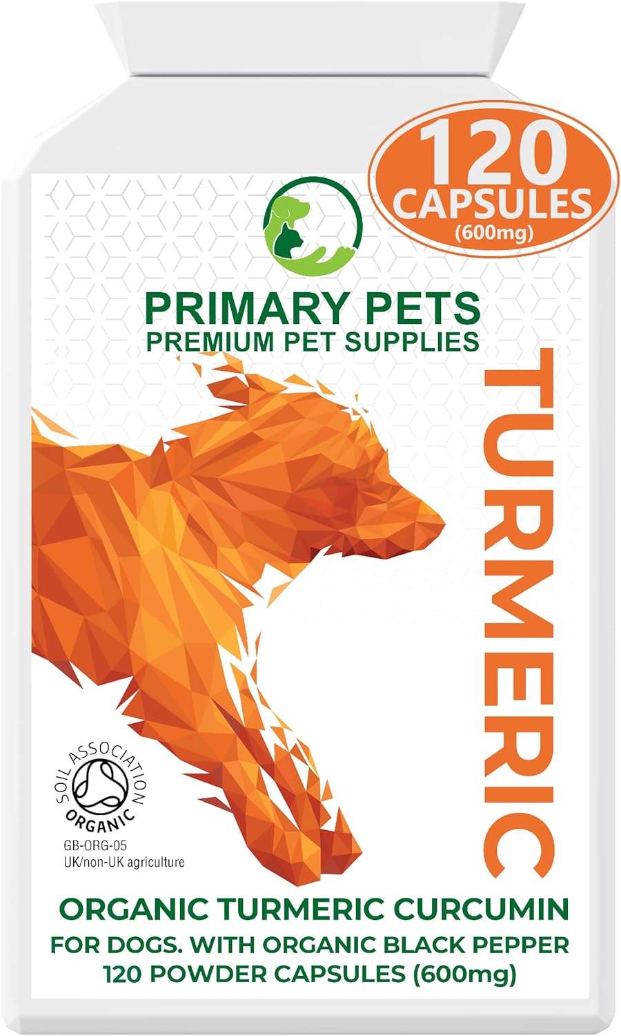 Primary Pets Premium Pet Supplies - Organic Turmeric Capsules for Dogs, 120 x 600mg, Curcumin and Black Pepper Supplement, Supports Joint Health, Mobility and Wellness, Made with Turmeric Powder