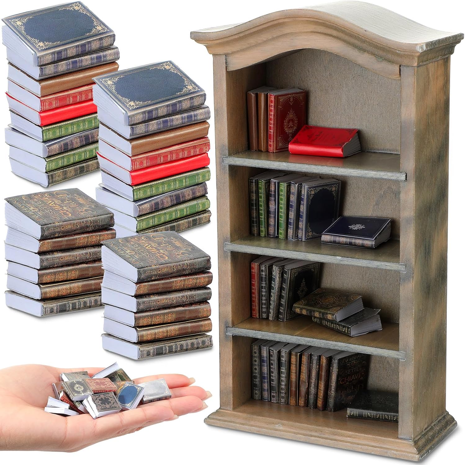 Poen 27 Pcs 1: 12 Scale Miniatures Dollhouse Books and a Wooden Bookcase 4 Floors Dollhouse Bookshelf Decoration Accessories for House Bedroom, Vintage Color