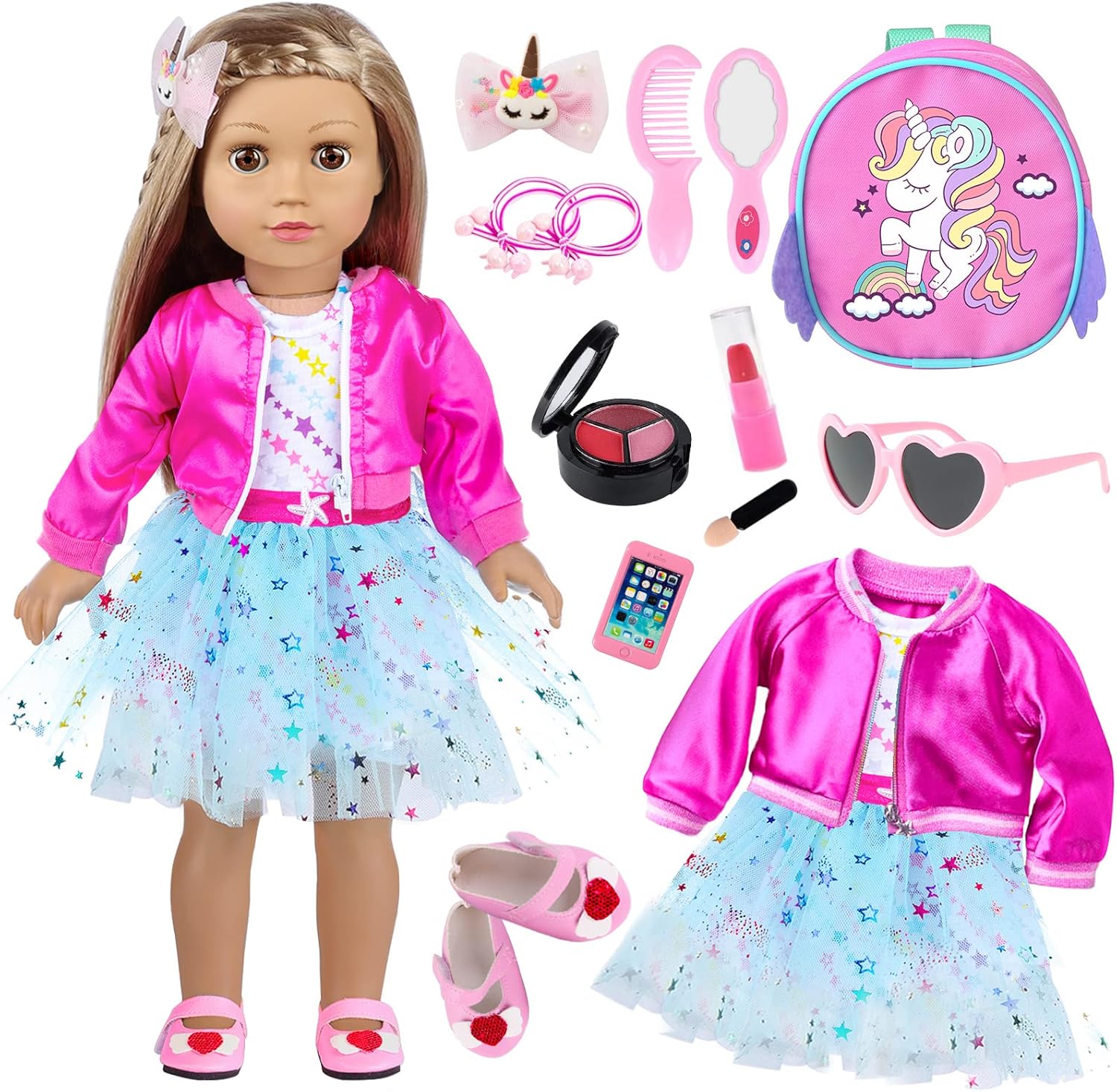 American 18 Inch Doll Clothes and Makeup Accessories Set Includes Clothes Backpack Sunglasses Phone Shoes Comb Mirror Eye Shadow Lipstick Hair Clip Hair Tie(Doll NOT Included)