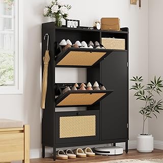 Rattan Shoe Storage Cabinet with 3 Flip Drawers, Freestanding Organizer with Adjustable Shelves for Entryway, Narrow Shoe Rack Cabinet for Hallway, Easy Assembly, Black