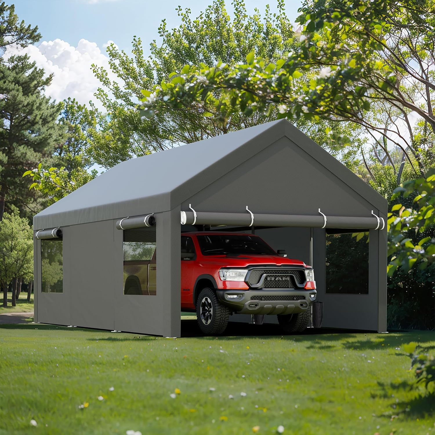 JY QAQA Carport, 12x20 FT Heavy Duty Carport Portable Garage Reinforced Steel Poles with Removable Sidewalls & Doors,Roll-up Windows Car Canopy with Sandbags and All-Season Tarp for Car Truck