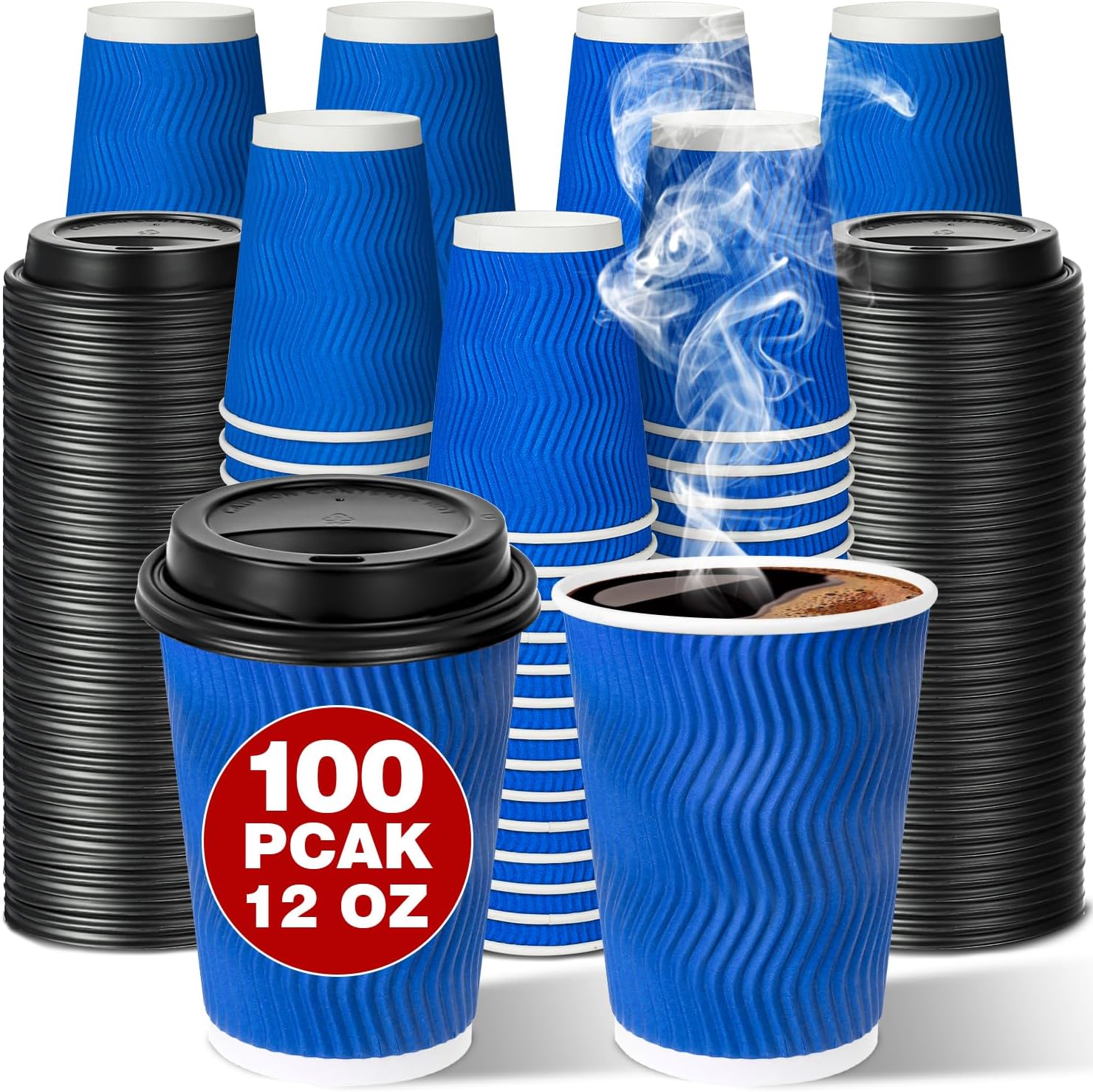 Ginkgo Disposable To Go Coffee Cups with Lids 12 oz 100 Pack, Double Wall Ripple Insulated Hot Coffee Cups - Blue
