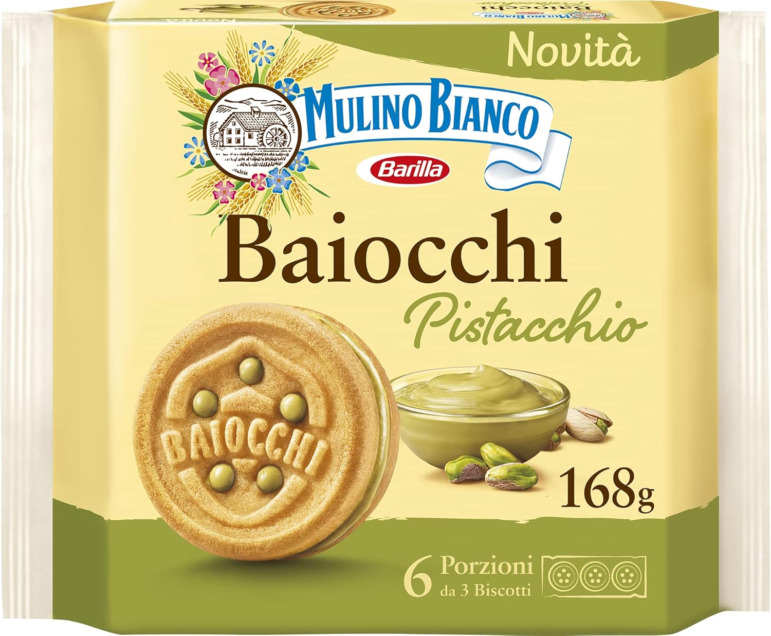 Mulino Bianco Baiocchi Pistachio Biscuits, Pistachio Pastry Ideal for Breakfast or Snack, Palm Oil Free, 6 Servings of 3 Biscuits, 168.0 grams, 168.0 gram