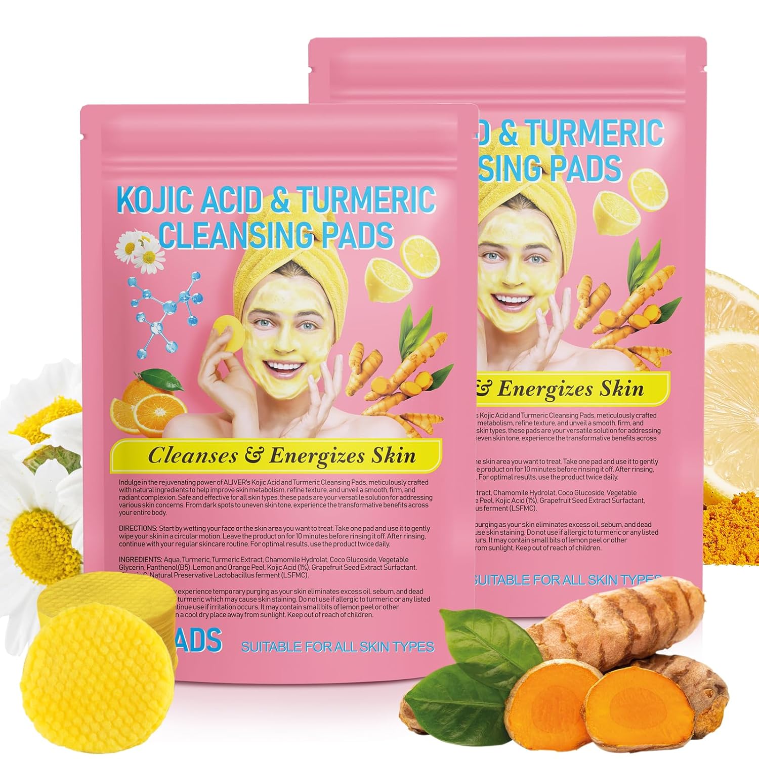 2Pack Turmeric Kojic Acid Cleansing Pads, Turmeric Cleansing Pads Helps Balance Skin Oil And Water, Remove Excess Keratin From The Body'S Skin, 80PCS