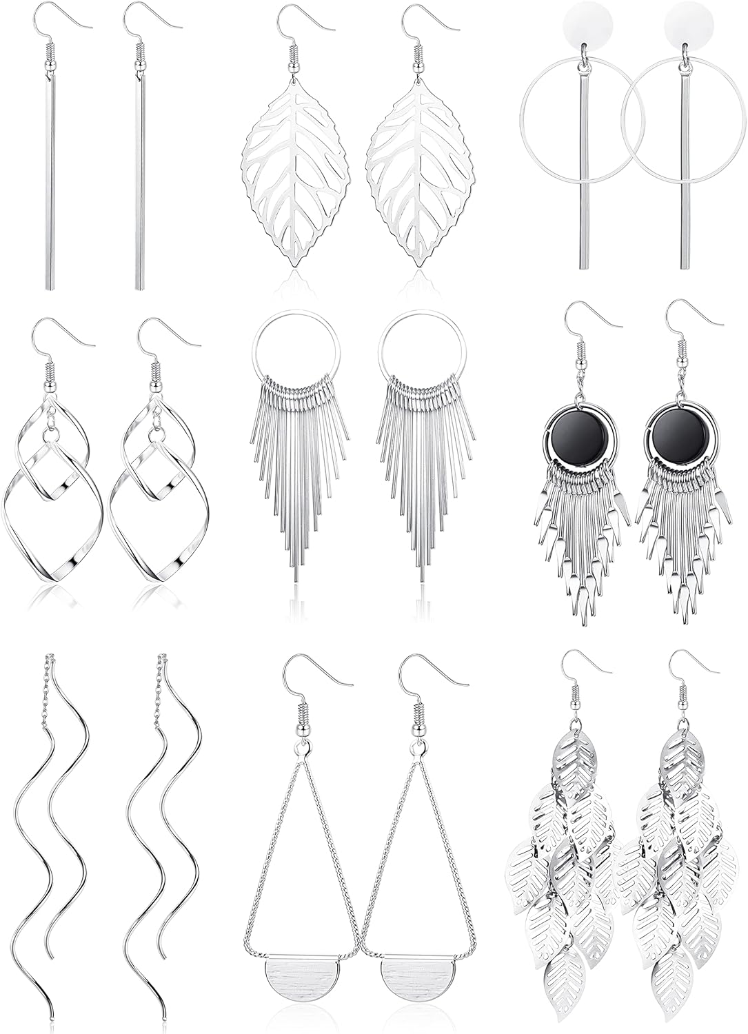 JeweBella 9 Pairs Drop Dangle Earrings Set for Women Girls Hypoallergenic Stainless Steel Earrings Boho Vintage Silver/Gold Wave Leaf Tassel Drop Earrings Set Long Bar Earrings Fashion Jewellery