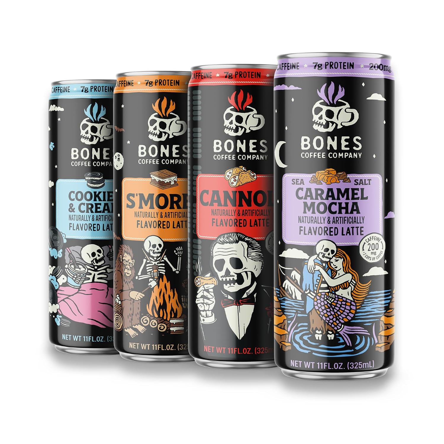 Bones Coffee Company Variety Pack Flavored Coffee, Smores, Salted Caramel Mocha, Cannoli and Cookies N Cream Ready To Drink Latte Coffee in Can | Variety Flavors in Cans | 11 Fl Oz Can (12 Pack)