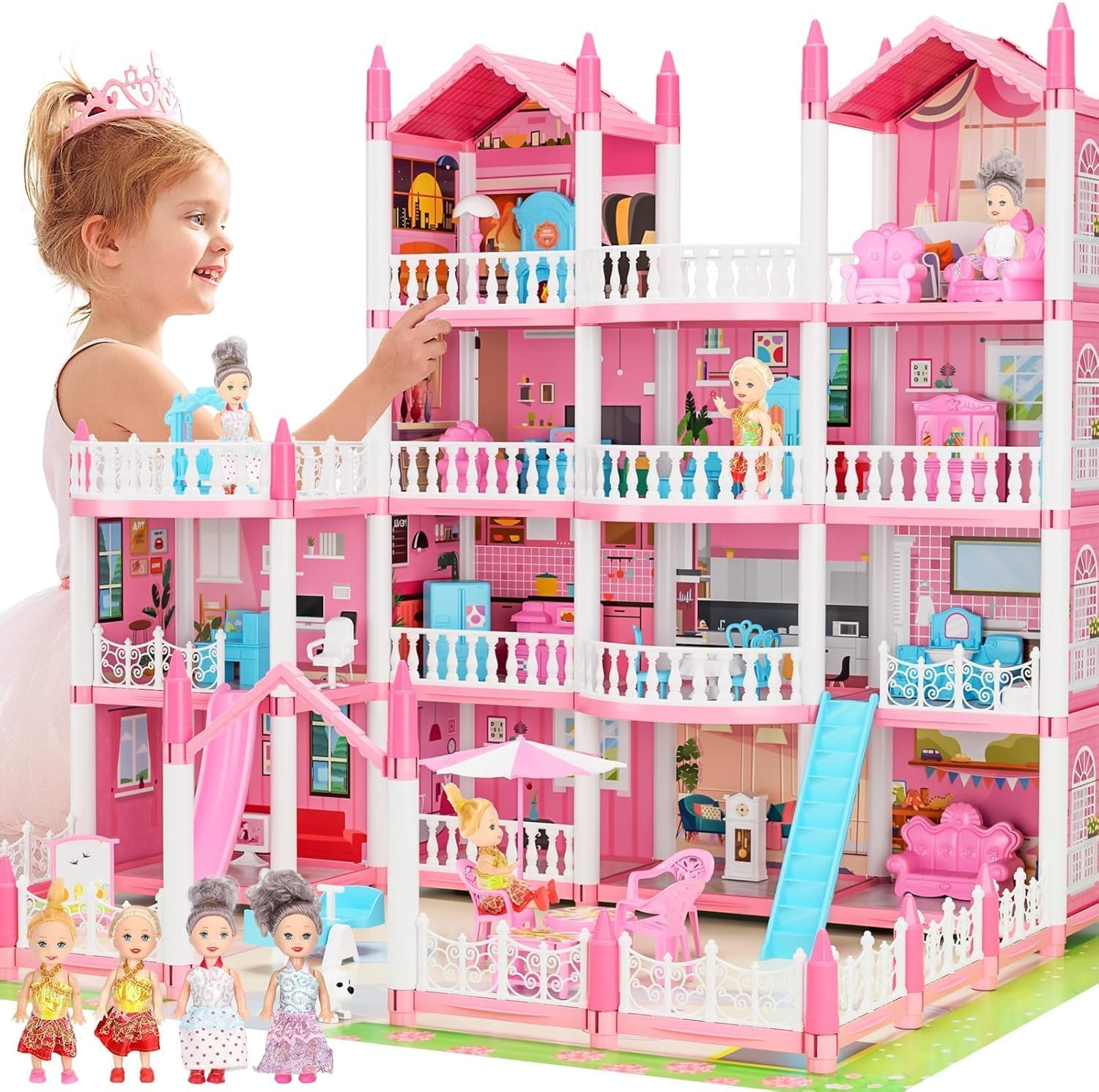 Huge Dream Doll House 4-Story 13 Rooms with Dolls, Mat, Led Light, Aceesories, Dollhouse Toy Gift for Girls Kids Aged 6-8 6-7