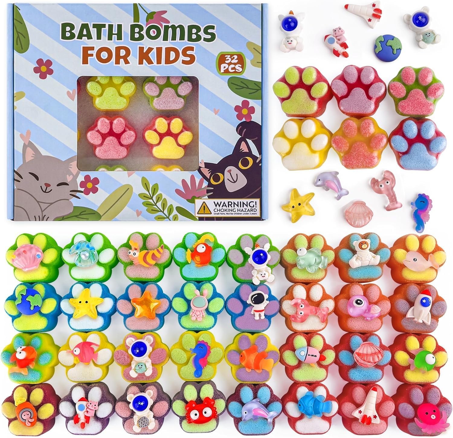 32PCS Bath Bomb for Kids, Paw Bath Bombs with Surprise Sea Animal & Space Astronauts Toy Inside, Organic Natural Bubble Bath Bombs with Gift Tin Box, Best Birthday, Easter, Party Gift for Boys Girls