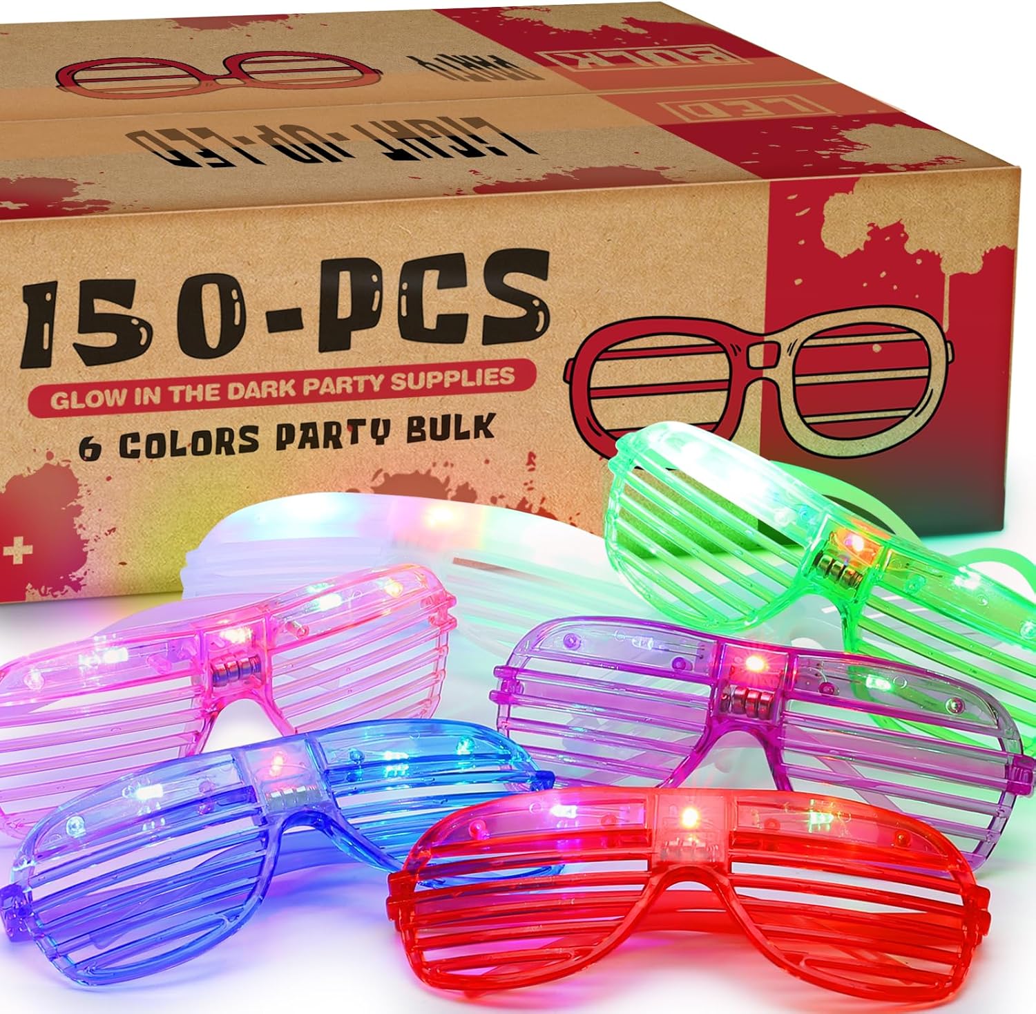 150 Pack 6 Neon Color Glow in The Dark Glasses Party Favors for Kid Adult, LED Light Up Glasses Bulk Toy with 3 Modes, Wedding Gift, Birthday Party Supplies /Decor, Rave Accessories, Goody Bag Stuffer