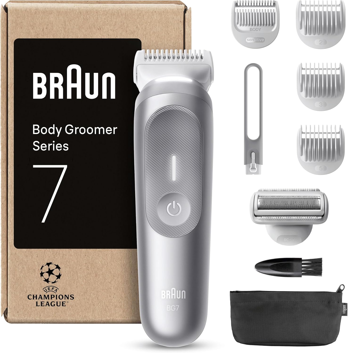 Braun Series 7 Body Groomer for Men, Body & Pubic Hair Trimmer with Smartlight & SkinGuard, 8-in-1 Grooming Kit, Waterproof Electric Shaver for Sensitive Areas, 100 Min Runtime, BG7555 Grey