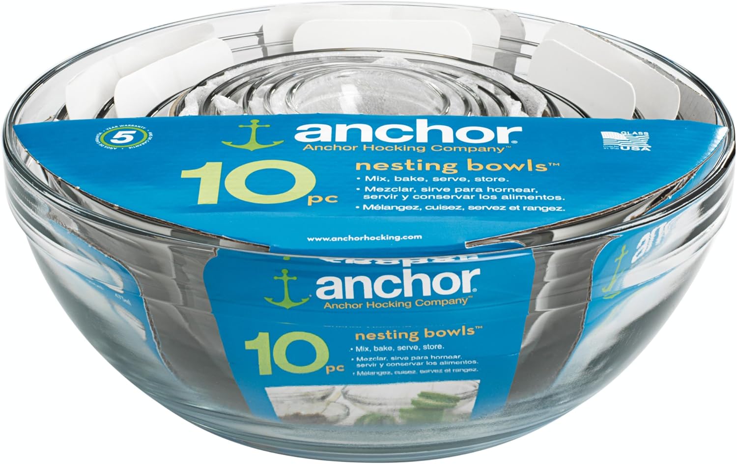 Anchor Hocking 10 Piece Mixing Bowl Set, Nesting Serving Bowls & Mixing Bowls (1 oz, 2 oz, 4 oz, 6 oz, 10 oz, 16 oz, 1 Qt, 1.5 Qt, 2.5 Qt, 3.5 Qt)