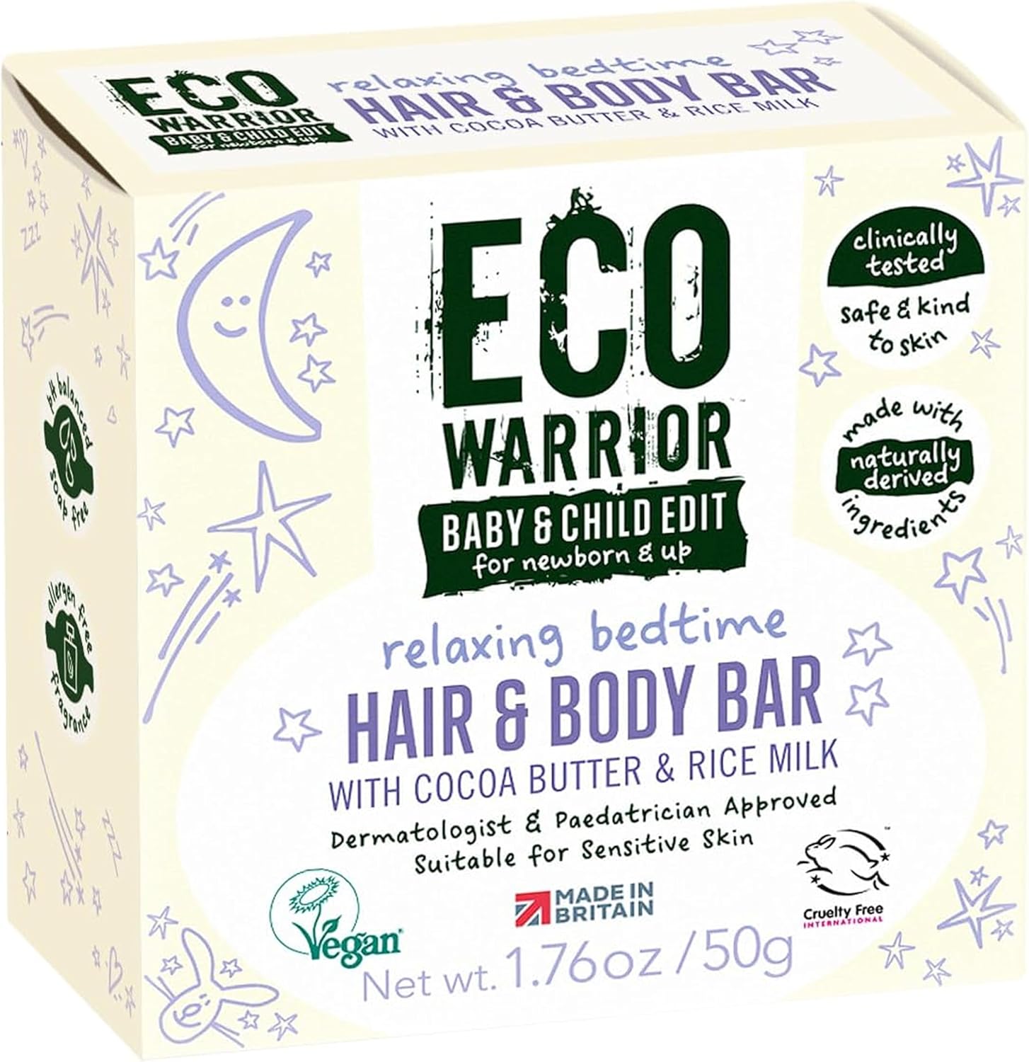 Eco Warrior Baby & Child Edit Relaxing Bedtime Hair & Body Bar (50g) | Hair Shampoo and Body Soap (2 in 1) | Lavender Blossom scent | Gentle, Eco Friendly, Vegan, Cruelty Free