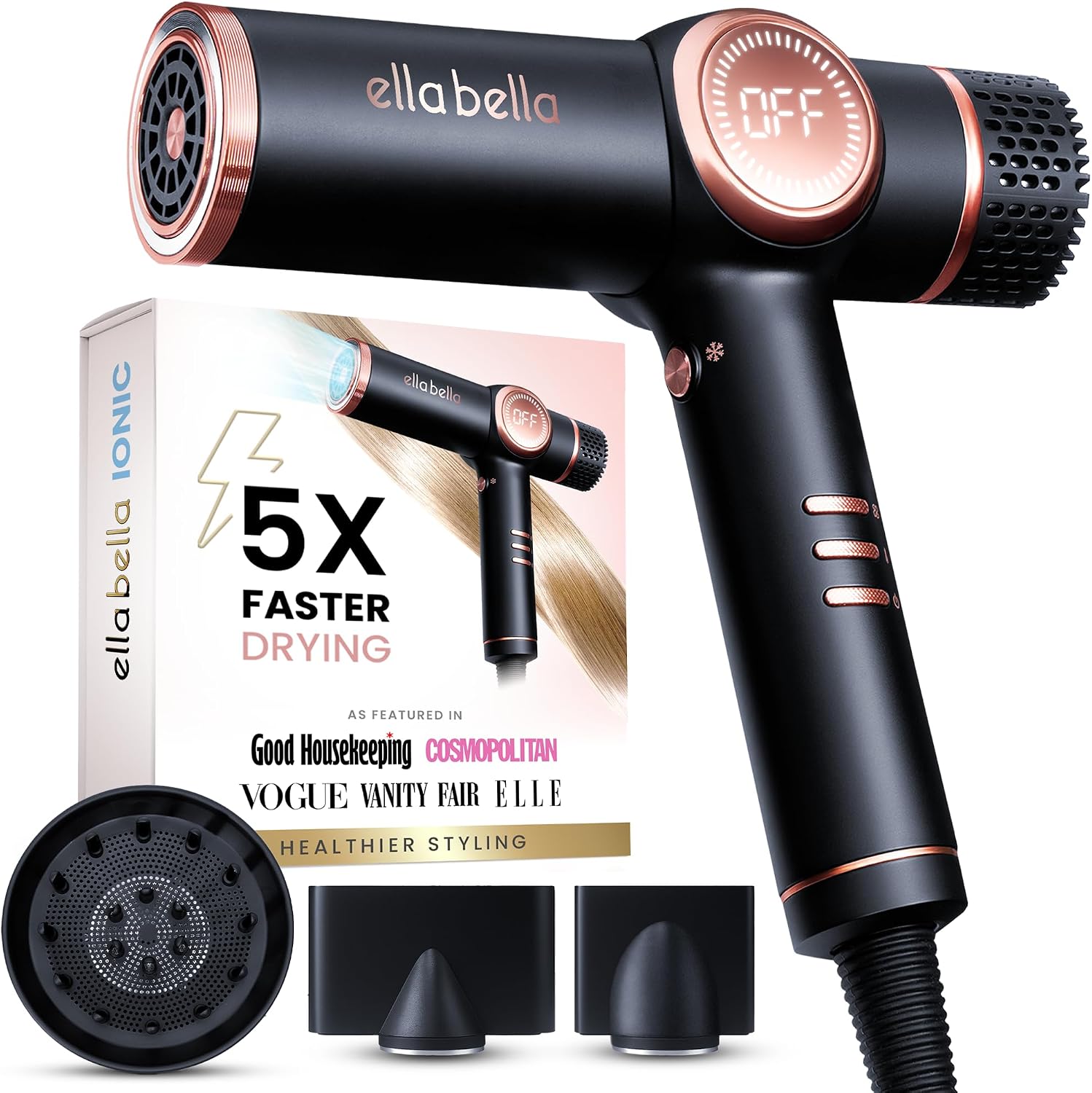 ELLA BELLA® Ionic Hair Dryer with Diffuser - Negative Ion Blow Dryer, Quiet