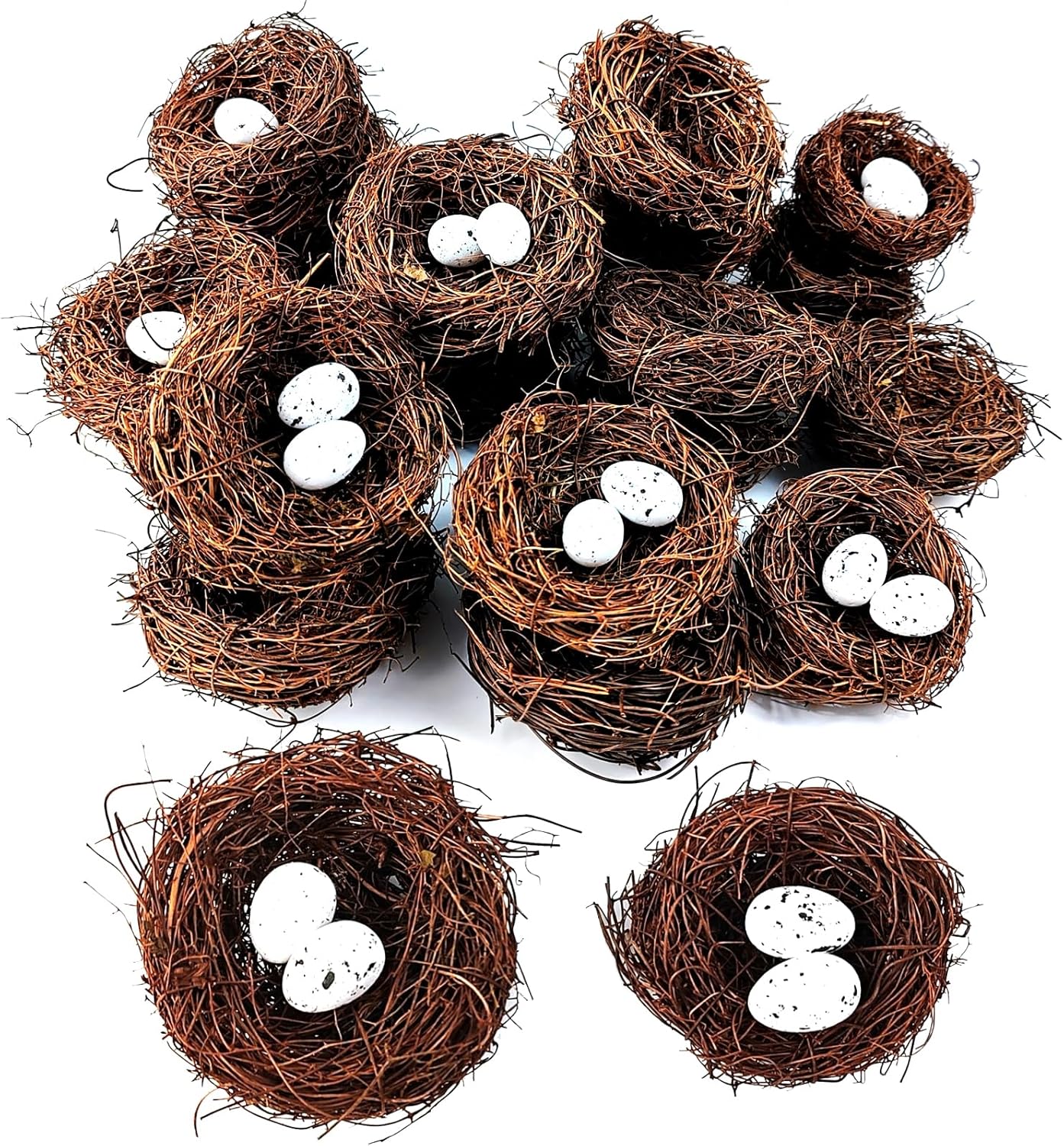 GXXMEI 24PCS/Set Small Faux Bird Nest with Eggs for Crafts, Artificial Rattan Birds Nest for Easter Wedding Home Party Christmas Tree Decoration (8pcs Mixed Small Size Nest, 16pcs Eggs)