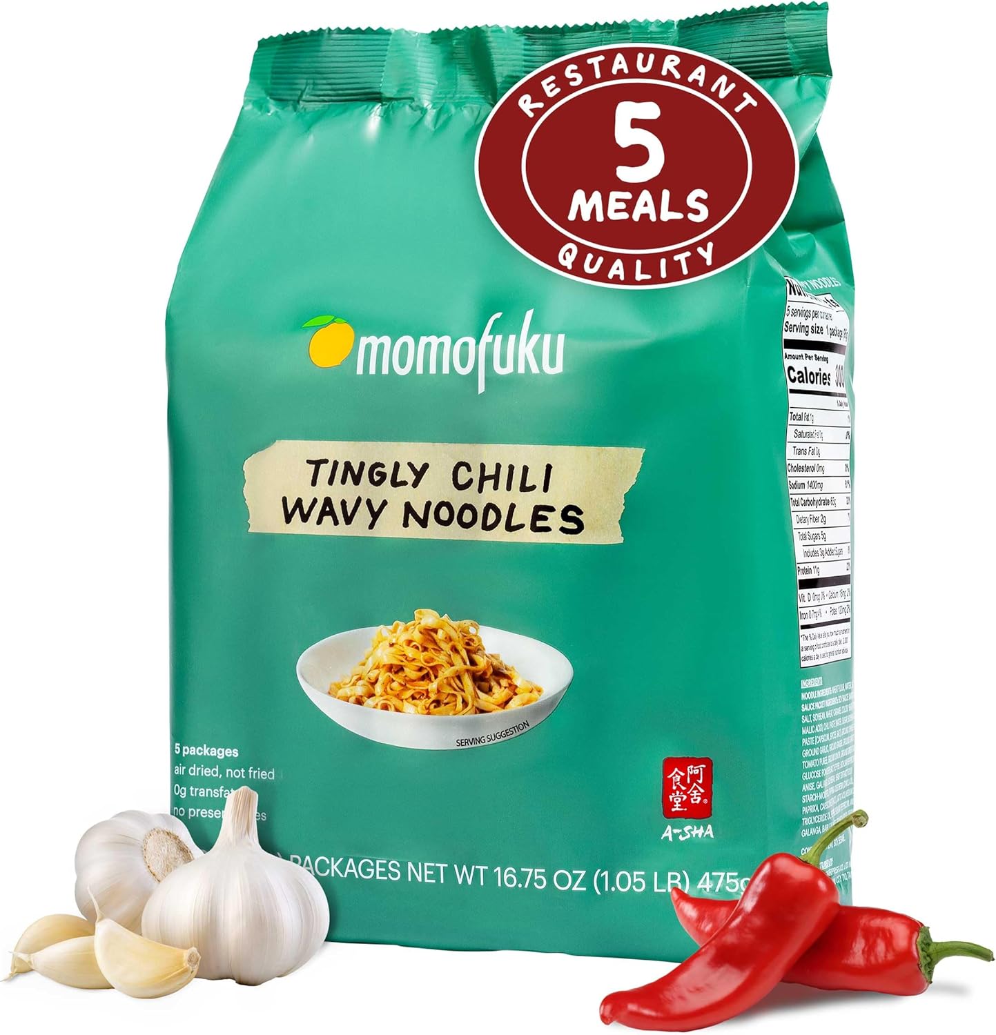 Momofuku Tingly Chili Ramen Noodles by David Chang, 5 Count (Pack of 1) Air-Dried Vegan Instant Noodles with 11g of Plant Based Protein
