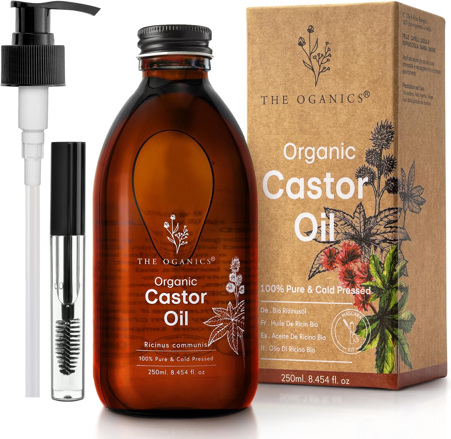 Organic Castor Oil 250 ml - 100% Pure, Natural & Cold Pressed for Eyelashes, Eyebrows, Beard & Nails - Vegan and Hexane Free - Castor Oil + Glass Bottle + Pump + Mascara Kit