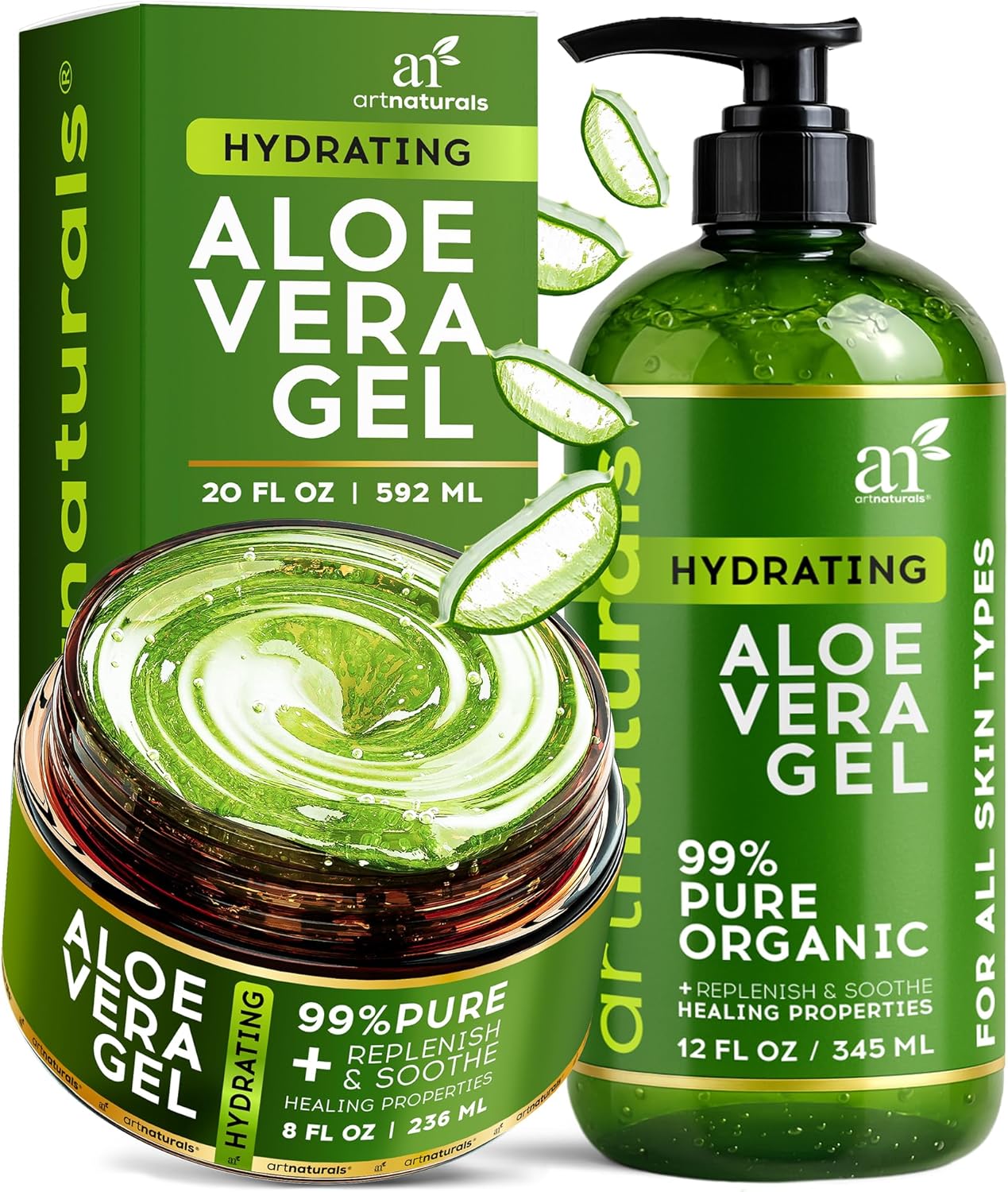 artnaturals Aloe Vera Gel Set - JUMBO 591.5 ml (99% Pure Organic) - Sunburn Relief & Hydration for Face, Body, Scalp & Hair - Calming Moisturizer After Sun Exposure - Freshly Harvested within 12 Hours