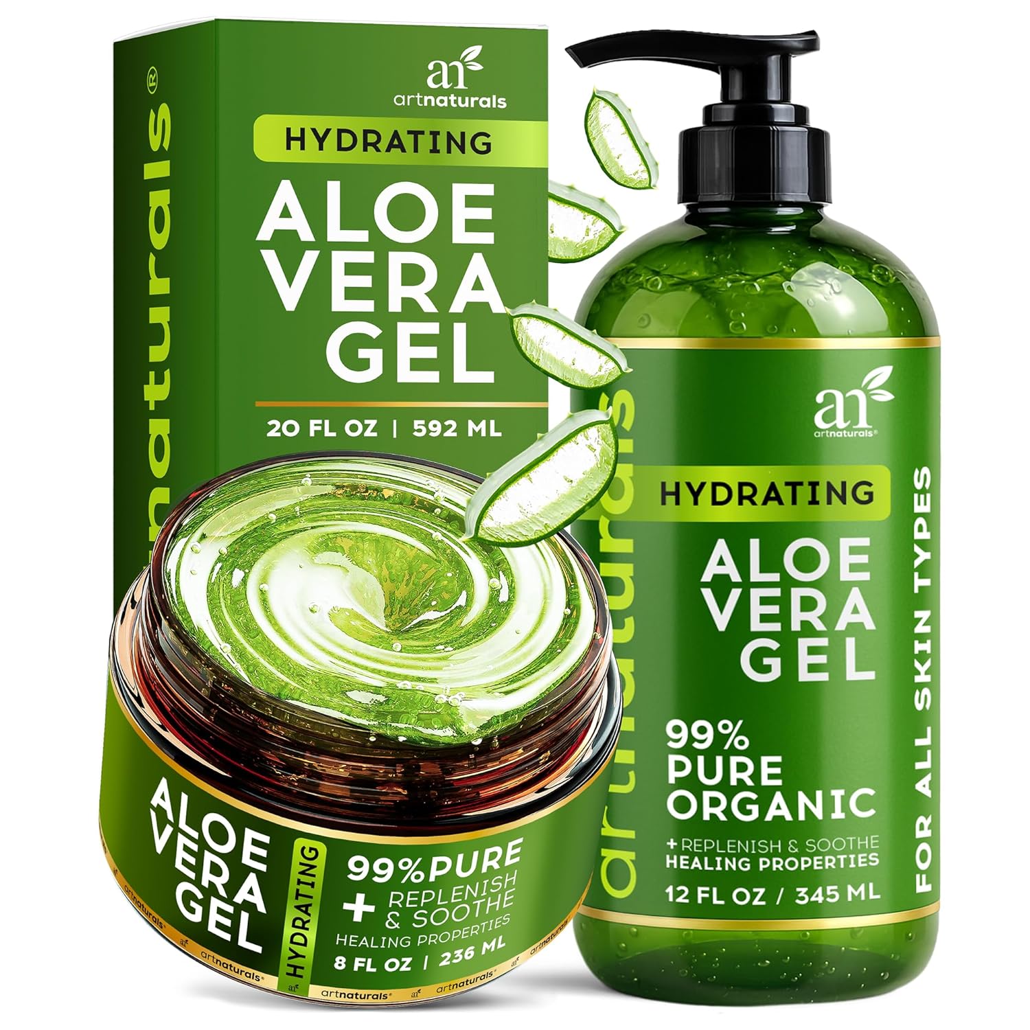 artnaturals Aloe Vera Gel Set - JUMBO 20oz - Sunburn Relief & Hydration for Face, Body, Scalp & Hair - Calming Moisturizer After Sun Exposure - Freshly Harvested within 12 Hours