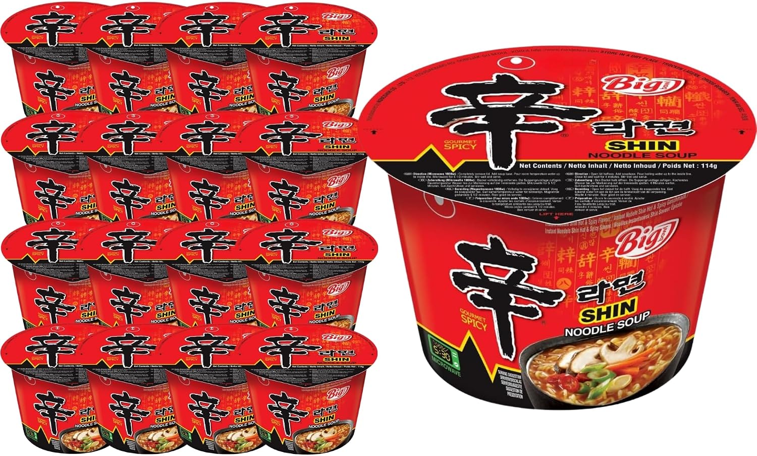 Shin Cup Noodles Big Bowl 114g Each (Pack 16) - Nong Shim Shin Instant Noodles Korean Style Traditional Spicy - Excellent for Snack and Soups