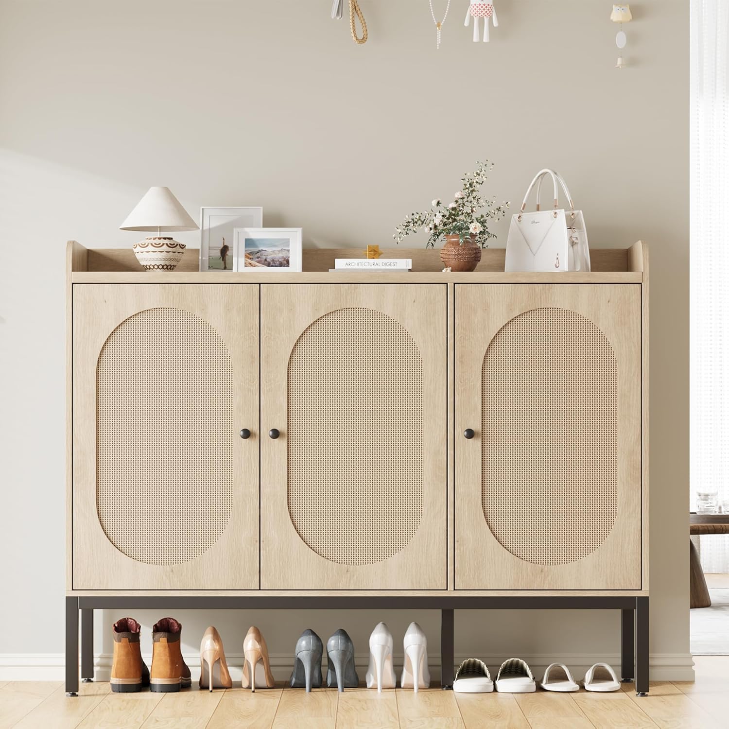 GAOMON Shoe Cabinet with 3 Rattan Doors, Freestanding Shoe Storage Organizer with Adjustable Shelves, 7-Tier Shoe Storage Cabinet for Entryway, Hallway, Living Room, Closet, Natural