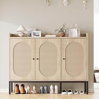 GAOMON Shoe Cabinet with 3 Rattan Doors, Freestanding Shoe Storage Organizer with Adjustable Shelves, 7-Tier Shoe Storage Cabinet for Entryway, Hallway, Living Room, Closet, Natural