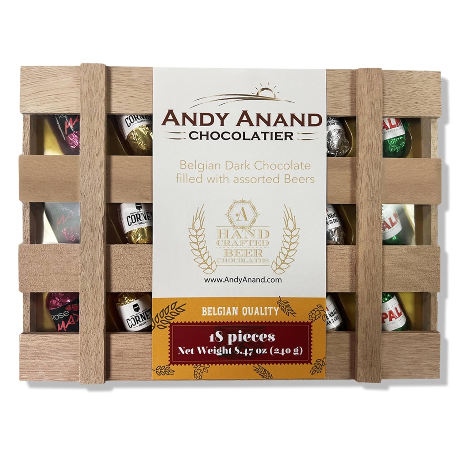 Andy Anand European Beer Flavored Dark Chocolate Bottles, Assortment Of Premium Selection, Filled with Top-Shelf Beer, Packed in a Wooden Gift Box - 18 Count