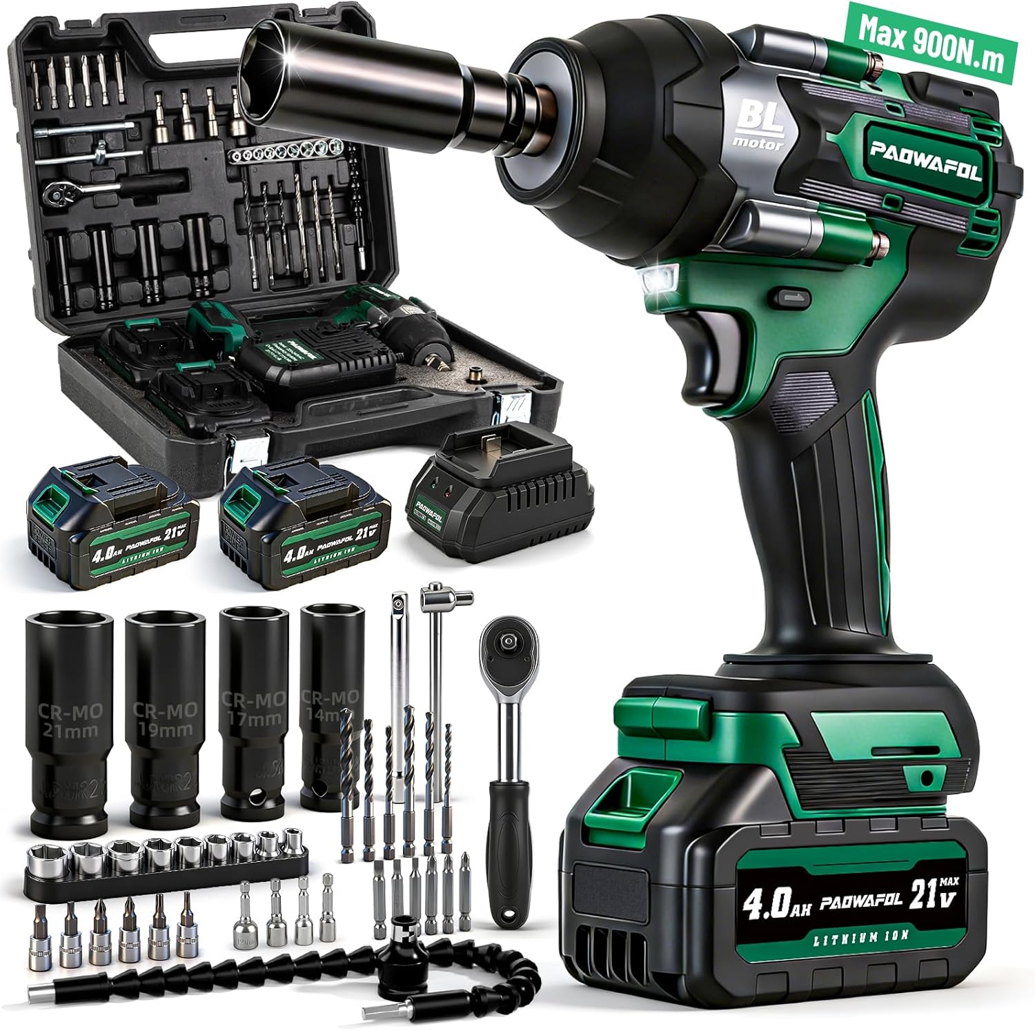 2026 Upgrade Impact Wrench 665 Ft-lbs(900N.m) 2200IPM, 1/2 Impact Gun with 21V 2x4.0AH Battery, Cordless Impact Driver 22 Drill Bits & 4 Sockets, Pistola De Impacto for Home Car Tire Lug Nut