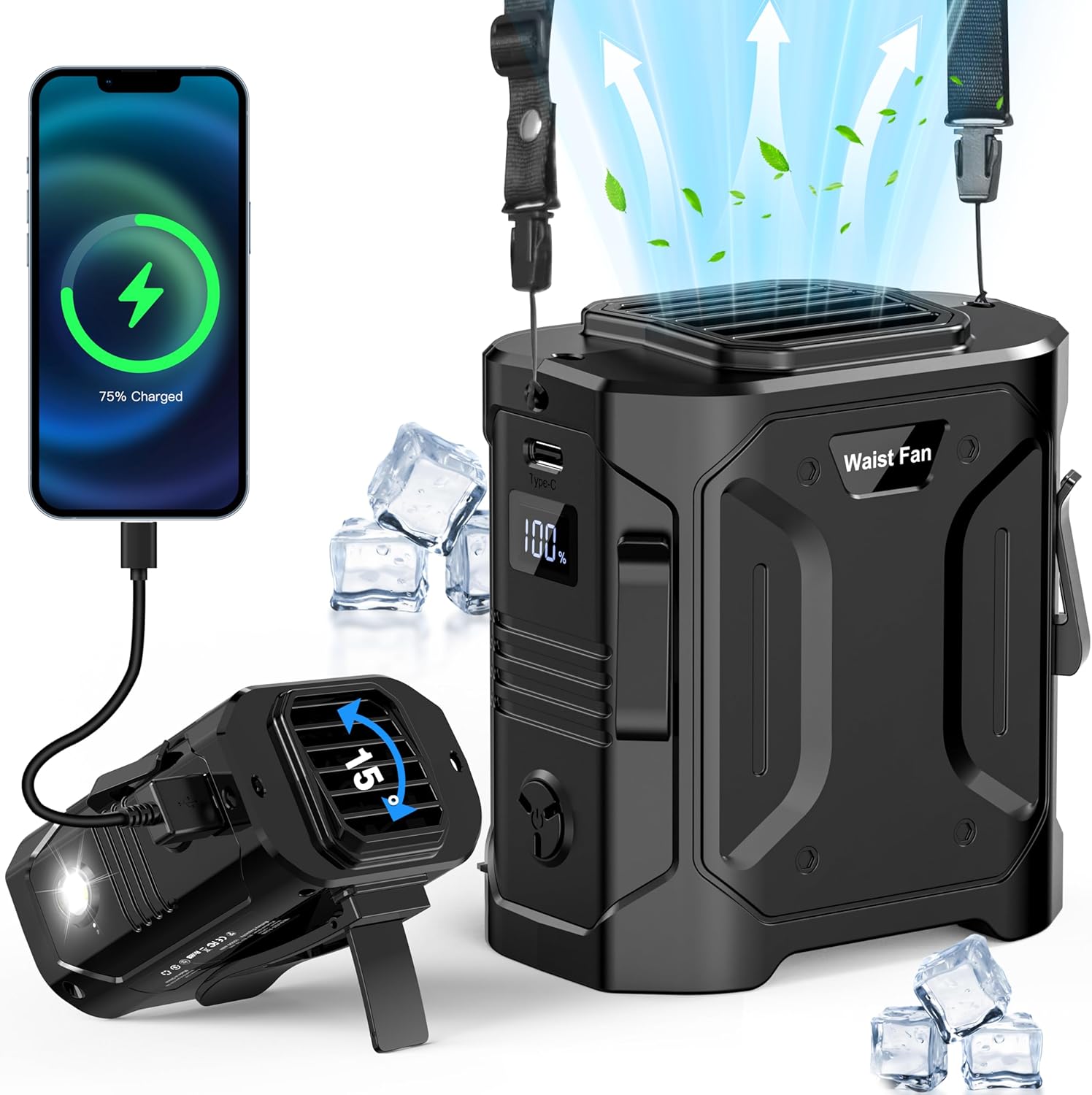 10000mAh Portable Waist Fan Clip on Wearable Belt Shirt Body Fan Hand-Free Rechargeable Battery Operated with 5 Speed & Flashlight Cooling Neck Fan for Outdoor Camping Travel Power Bank Green