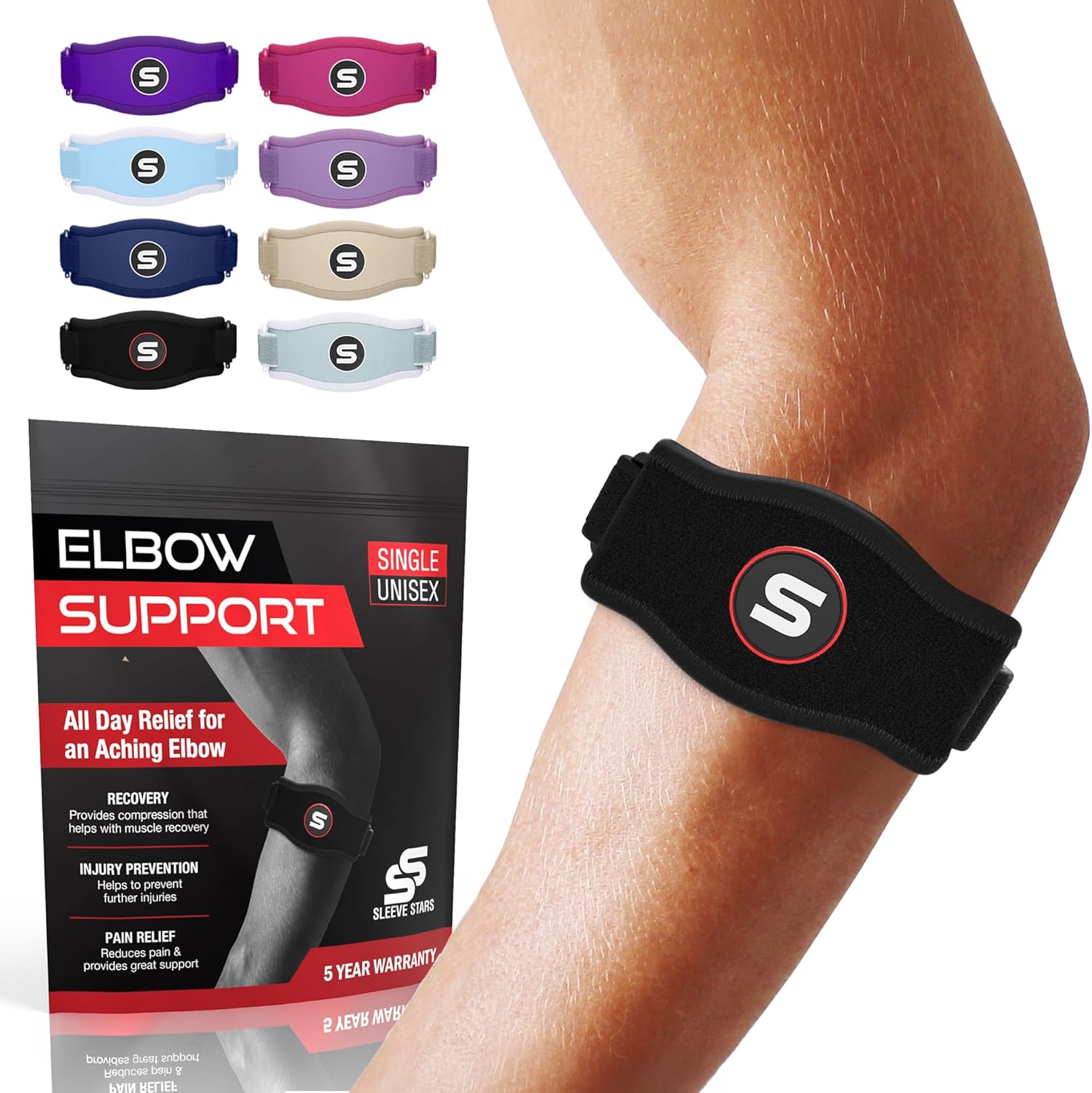 Sleeve Stars Tennis Elbow Brace for Women - Adjustable Tennis Elbow Strap, Golfers Elbow Brace for Men, Counterforce Brace for Tennis Elbow for Tendonitis Relief, Fits 9"-23" (Single/Black)