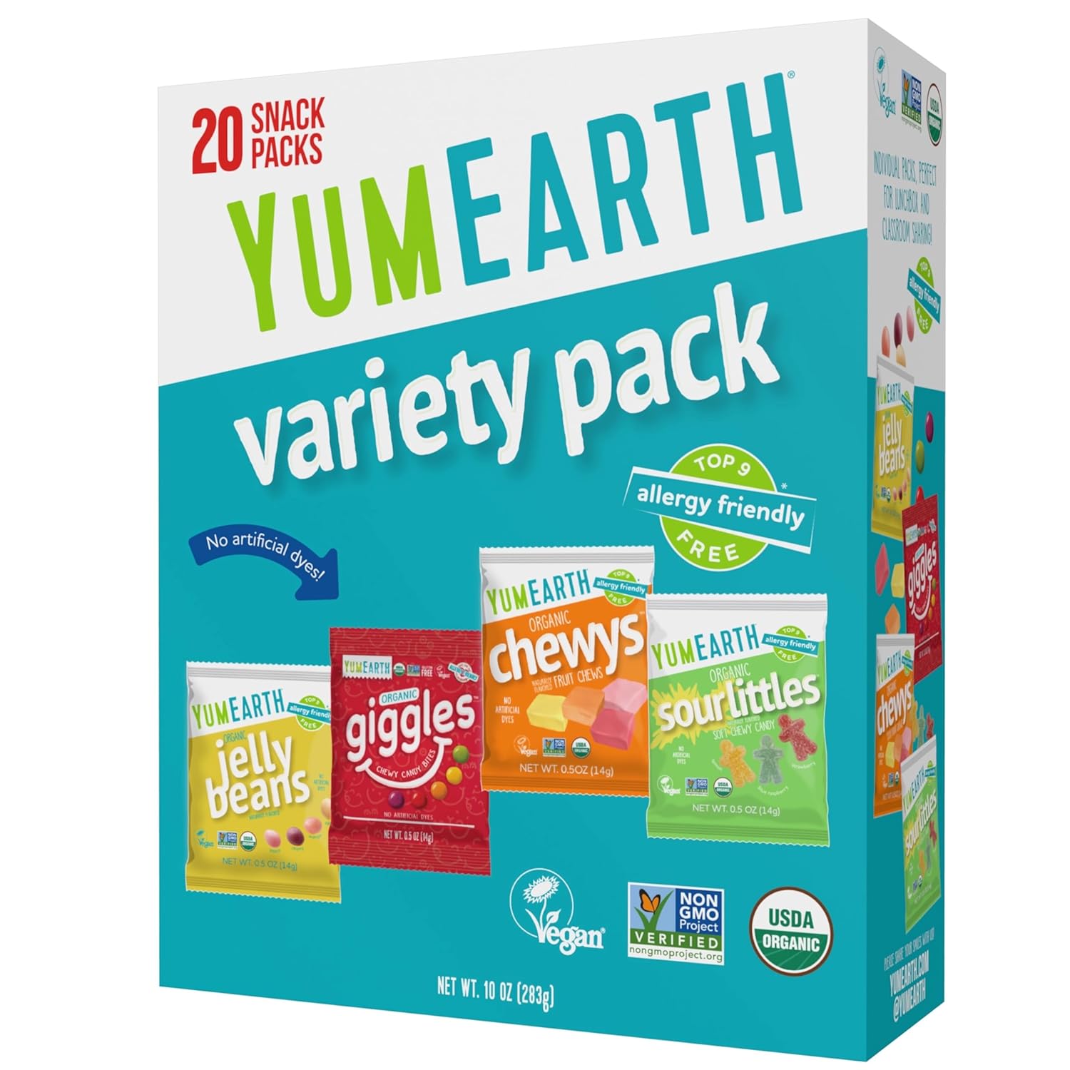YumEarth Organic Variety Box - Jelly Beans, Giggles, Chewys, Sour Littles - Allergy Friendly (Top 9 Free), No Artificial Dyes or Flavors, Non GMO, Gluten Free, Vegan -Individually Wrapped (Pack of 20)