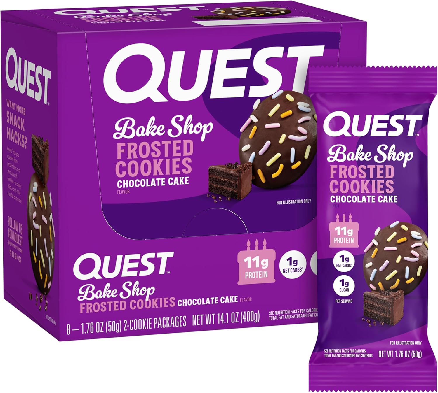 Quest Nutrition Frosted Cookies Twin Pack, Chocolate Cake, 1g Sugar, 11g Protein, 2g Net Carbs, Gluten Free, 16 Cookies
