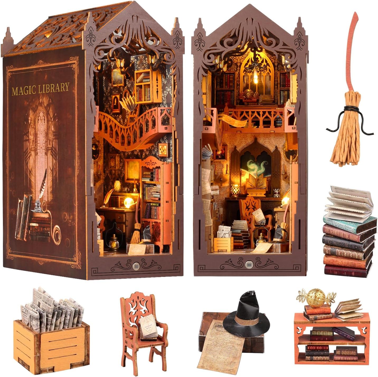 Lycidae Book Nook Kit, DIY Magic Dollhouse, Booknook, Miniature House Kit, 3D Puzzle Wooden, LED Lights, Decoration Gift, Booknook Book Shelf Decoration Gift