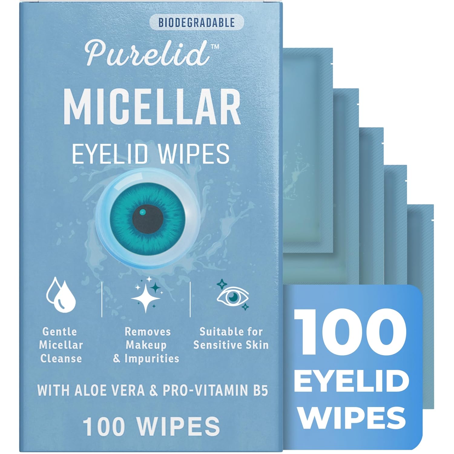 100 Pcs Micellar Eyelid Wipes for Sensitive Eyes; Gentle Daily Cleanser With Aloe & Pro-Vitamin B5; Paraben-Free Micellar Water Daily Eyelid Hygiene Wipes; Daily Eye Wipes that Hydrate & Sooth